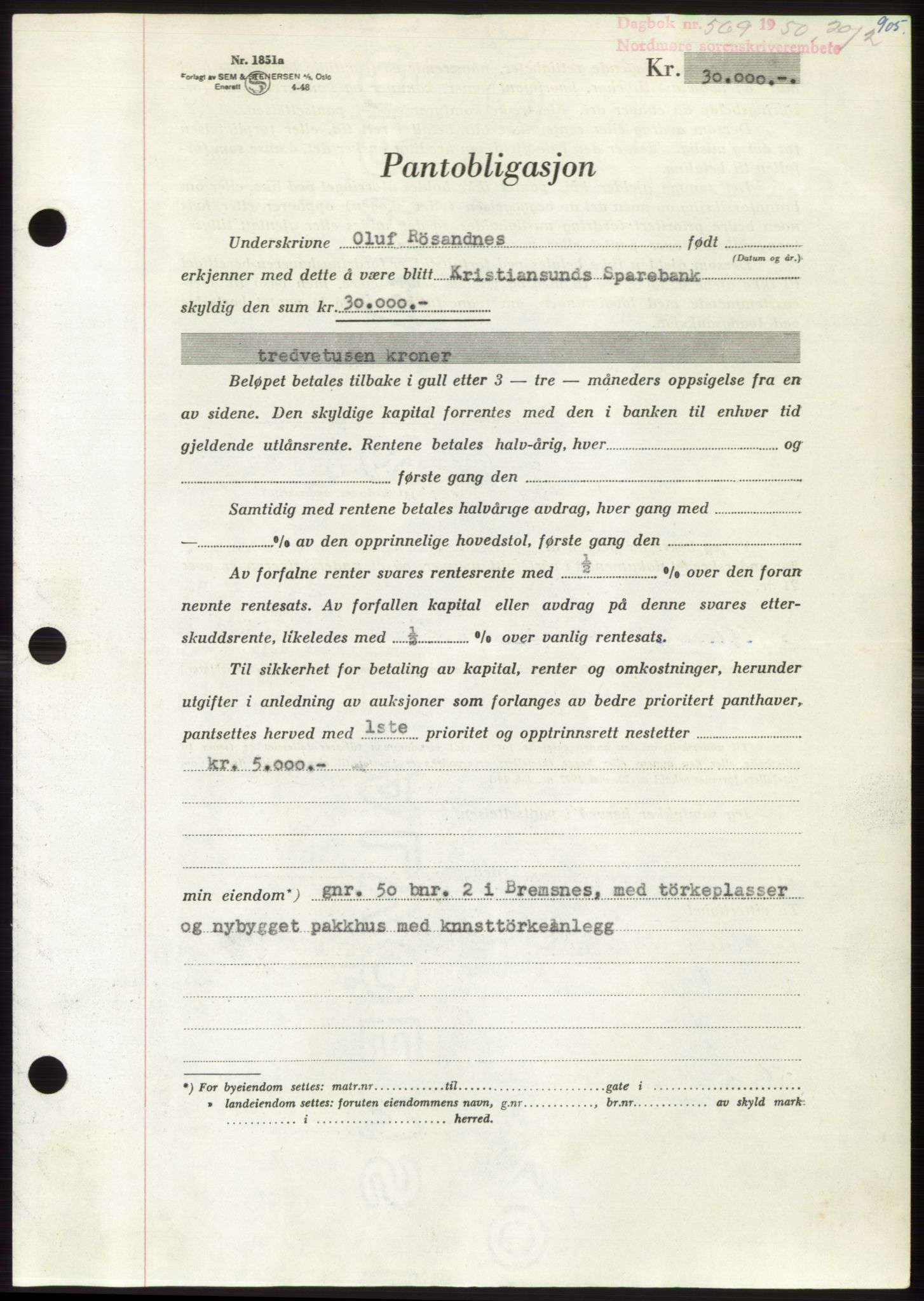 Nordmøre sorenskriveri, AV/SAT-A-4132/1/2/2Ca: Mortgage book no. B103, 1949-1950, Diary no: : 569/1950