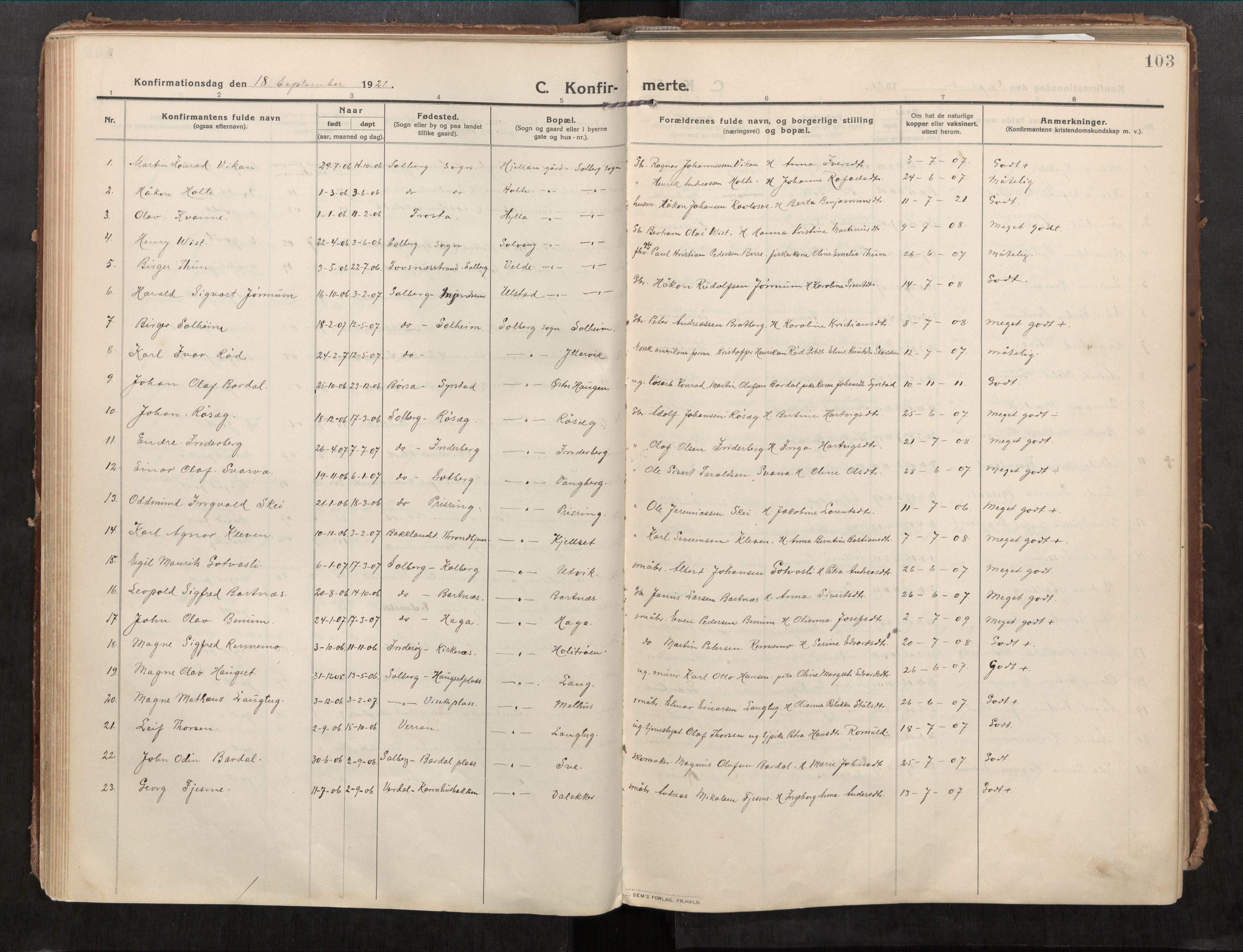 Beitstad sokneprestkontor, SAT/A-1162/I/I1/I1a/L0001: Parish register (official) no. 1, 1912-1927, p. 103