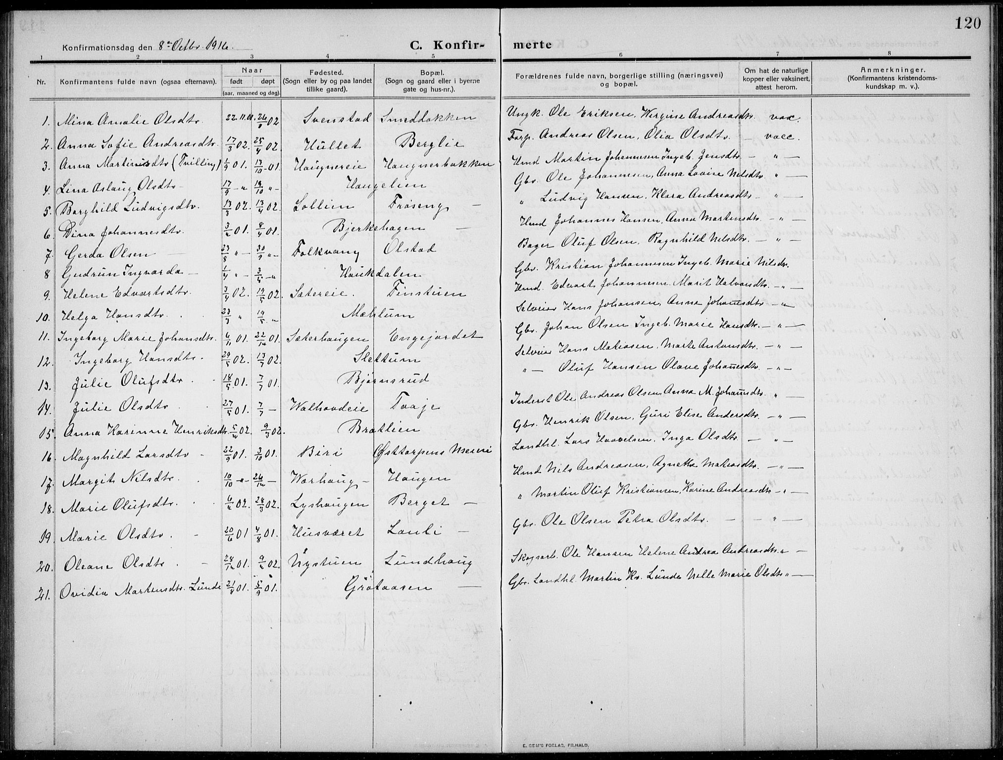 Nordre Land prestekontor, SAH/PREST-124/H/Ha/Hab/L0002: Parish register (copy) no. 2, 1909-1934, p. 120