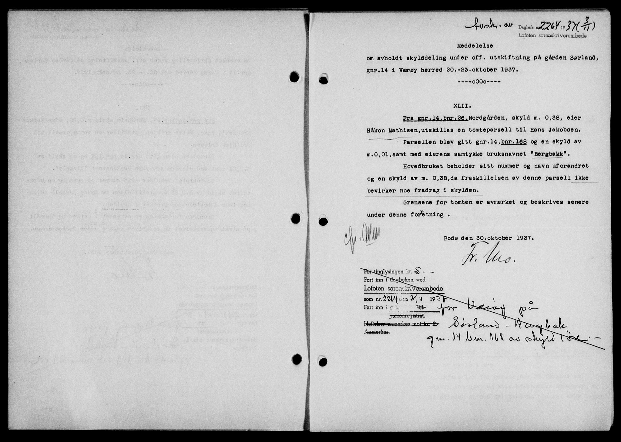 Lofoten sorenskriveri, SAT/A-0017/1/2/2C/L0003a: Mortgage book no. 3a, 1937-1938, Diary no: : 2264/1937