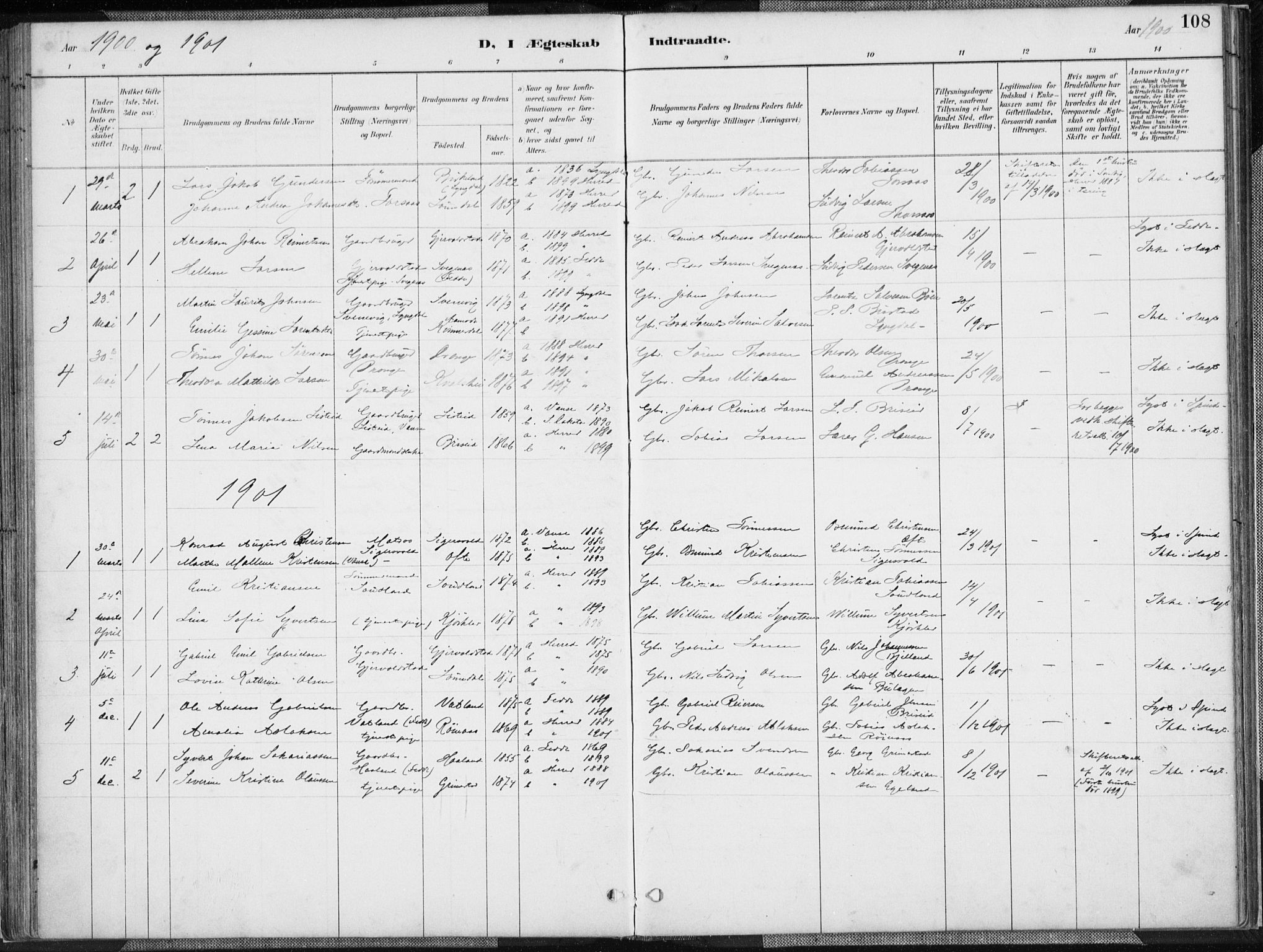 Herad sokneprestkontor, SAK/1111-0018/F/Fa/Faa/L0006: Parish register (official) no. A 6, 1887-1907, p. 108