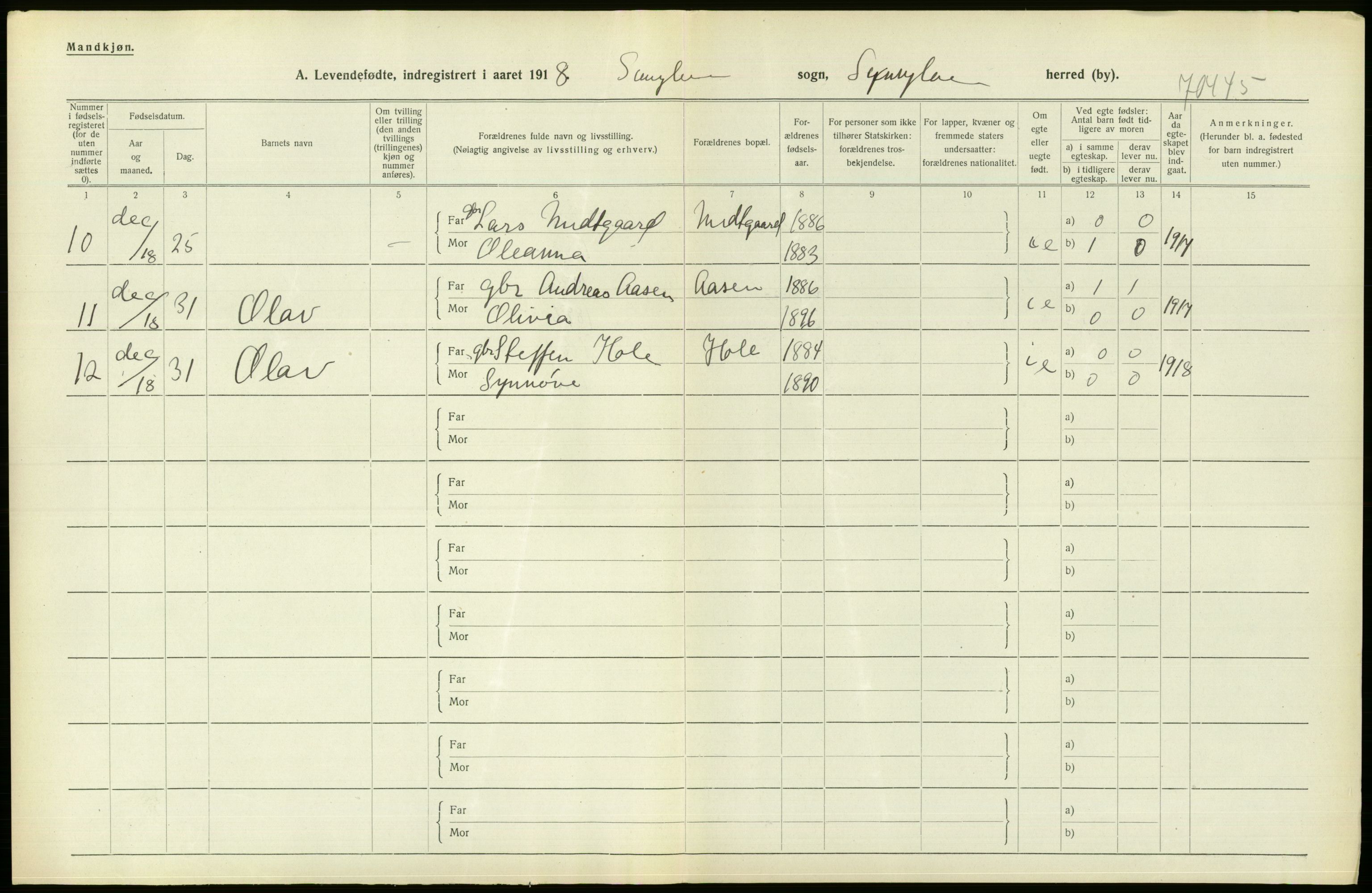 Statistisk sentralbyrå, Sosiodemografiske emner, Befolkning, RA/S-2228/D/Df/Dfb/Dfbh/L0043: Møre fylke: Levendefødte menn og kvinner. Bygder., 1918, p. 192