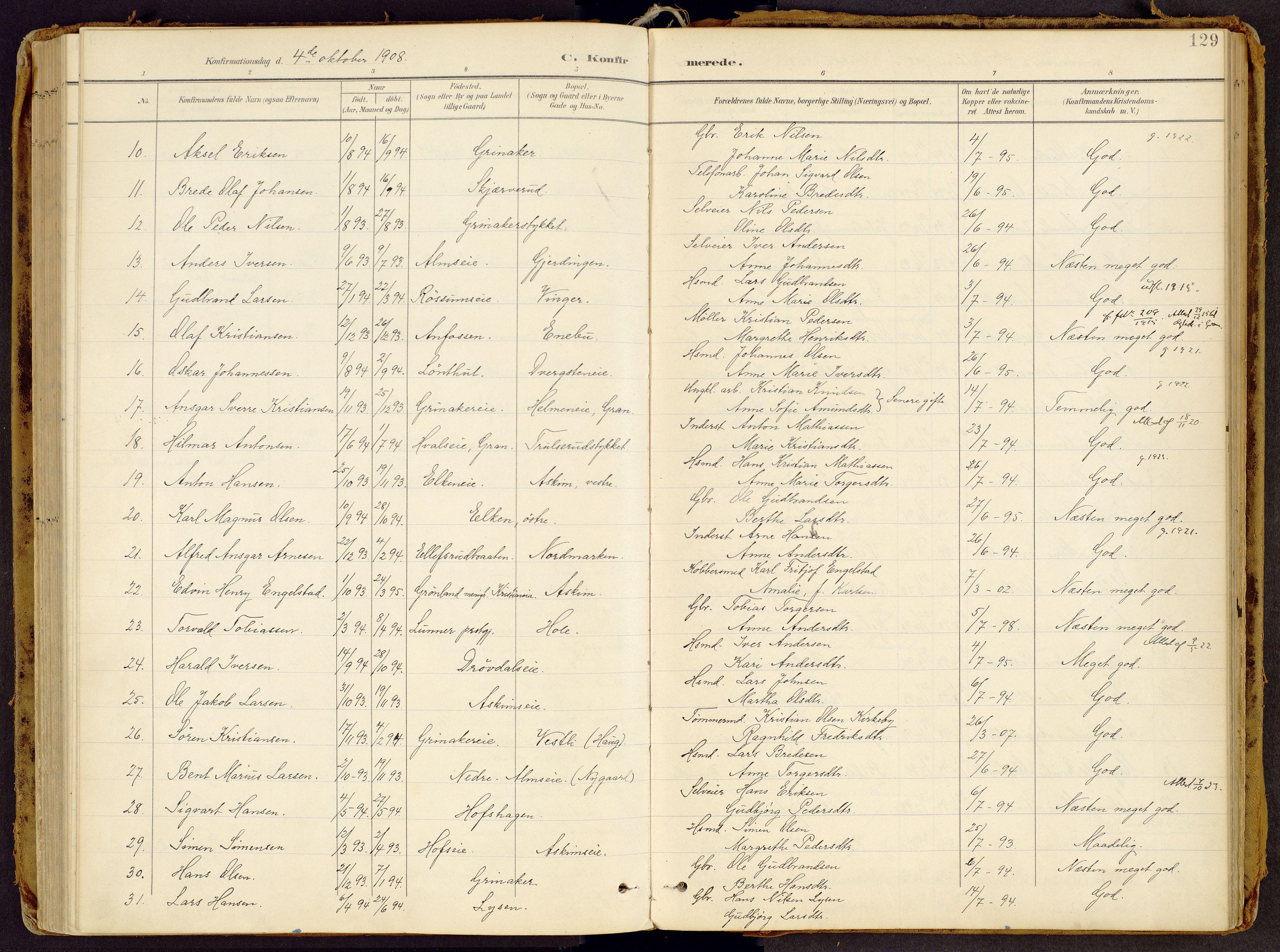 Brandbu prestekontor, AV/SAH-PREST-114/H/Ha/Haa/L0002: Parish register (official) no. 2, 1899-1914, p. 129