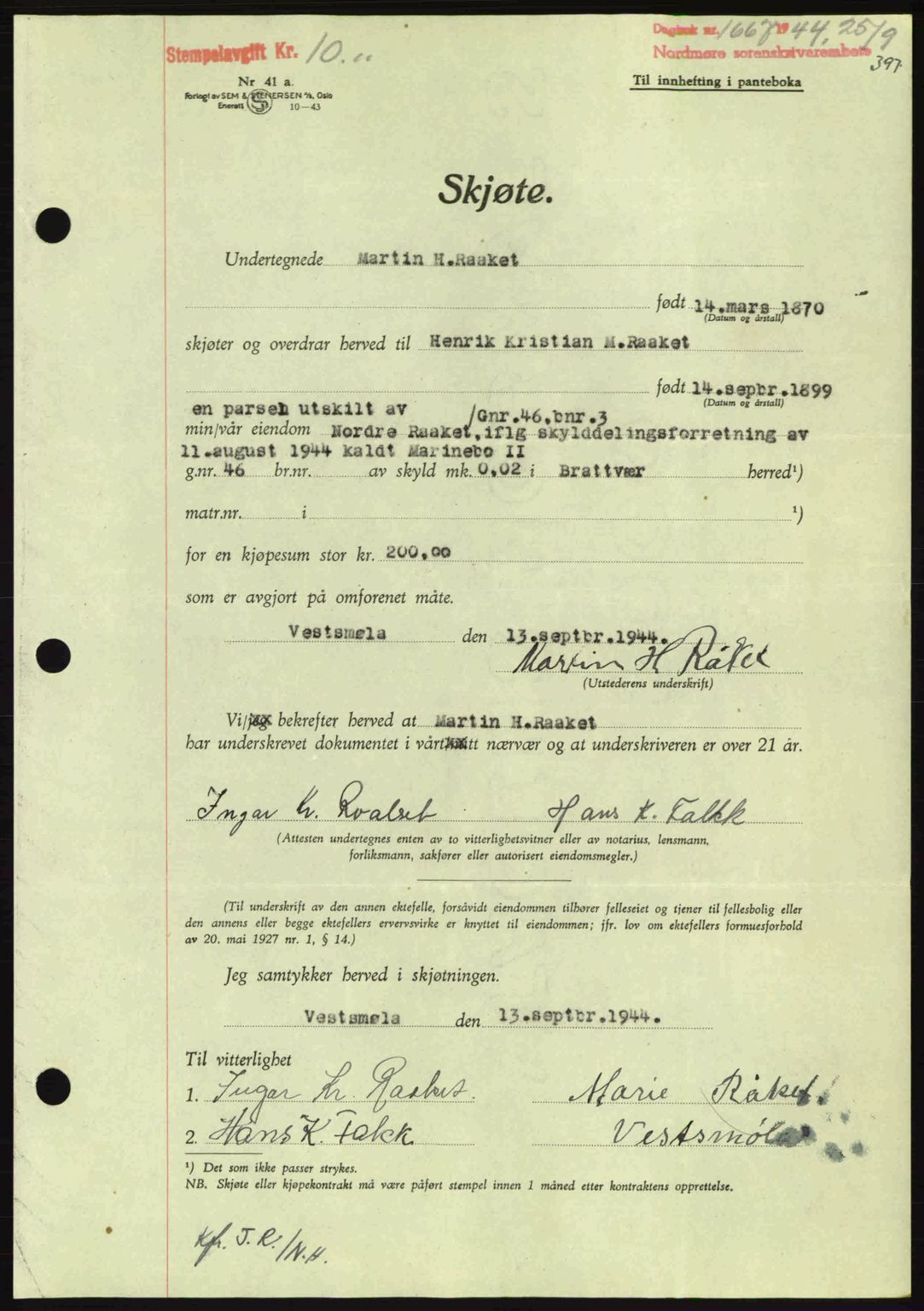 Nordmøre sorenskriveri, AV/SAT-A-4132/1/2/2Ca: Mortgage book no. A98, 1944-1944, Diary no: : 1667/1944