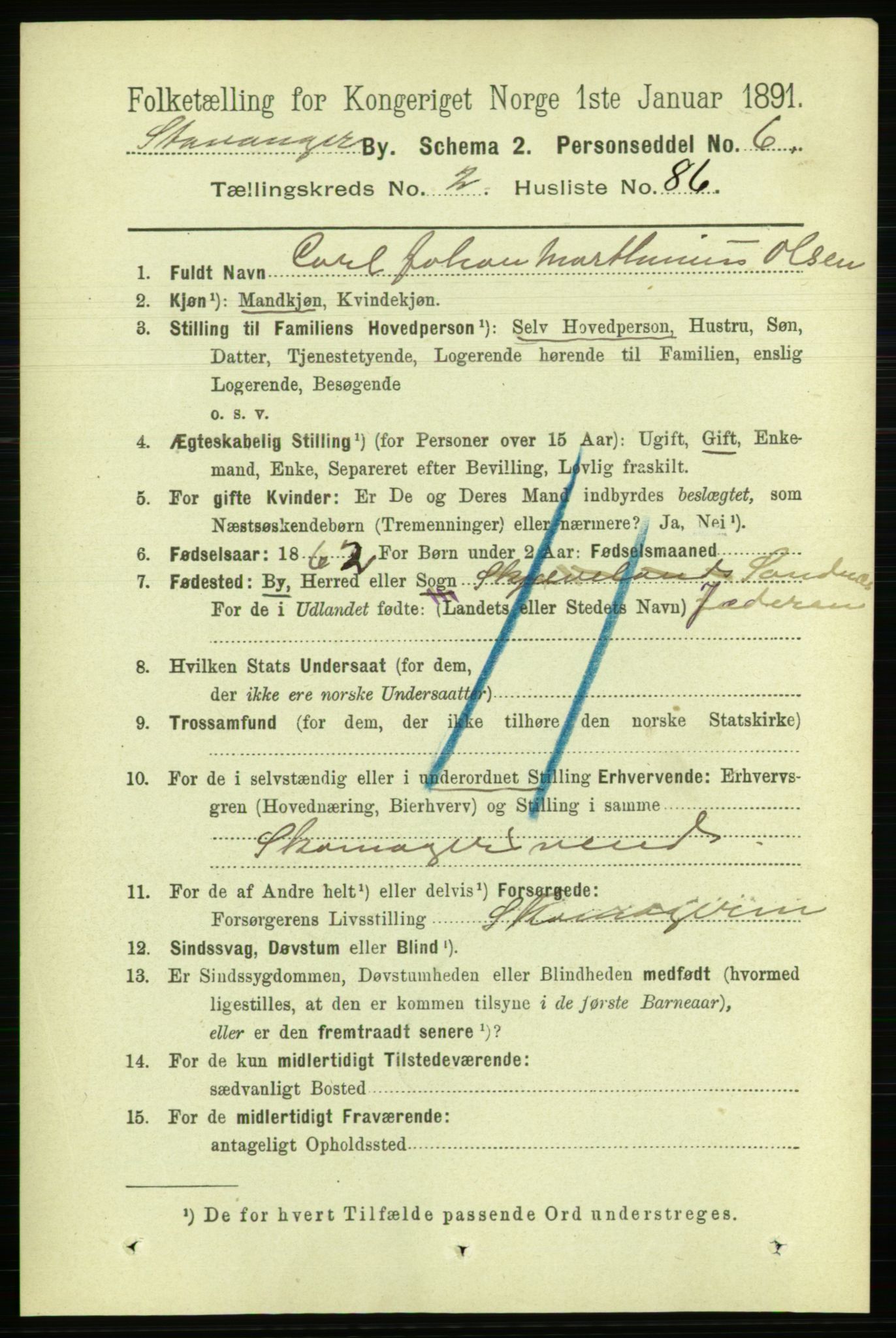 RA, 1891 census for 1103 Stavanger, 1891, p. 6672