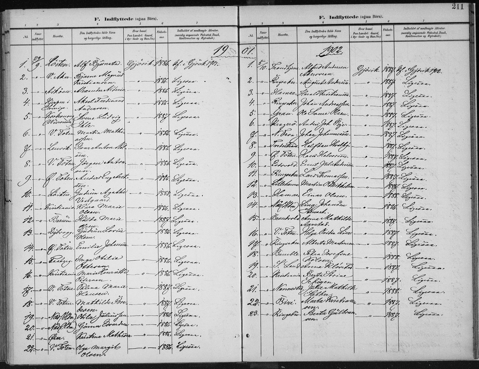 Vardal prestekontor, SAH/PREST-100/H/Ha/Haa/L0013: Parish register (official) no. 13, 1901-1911, p. 211