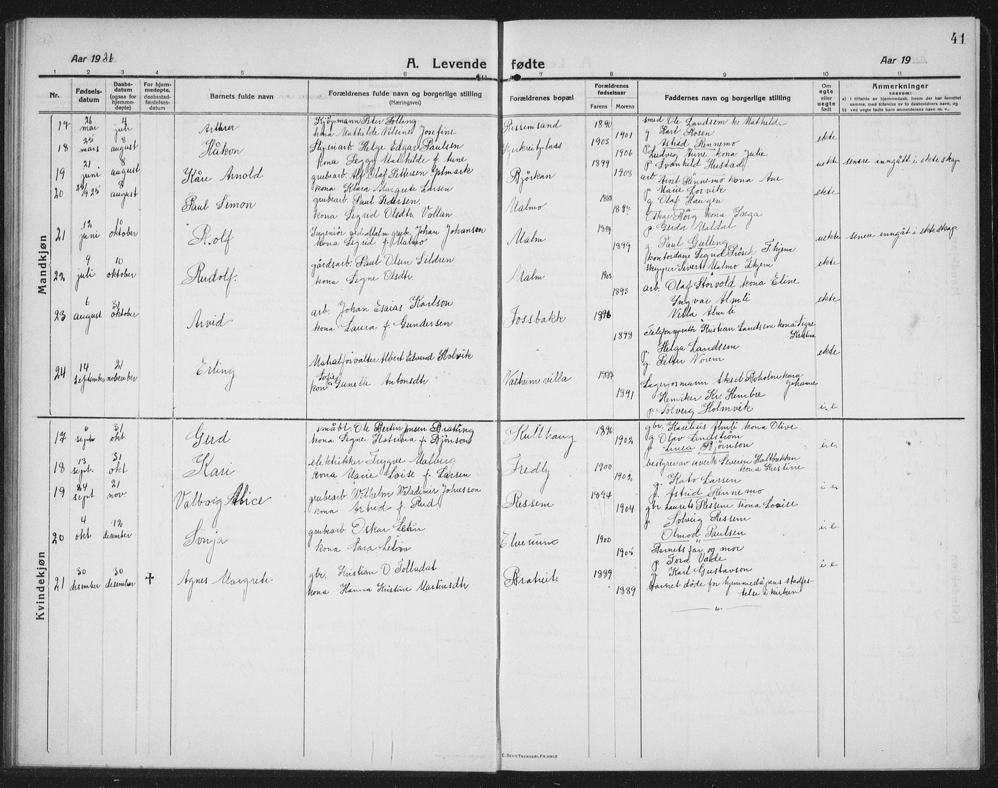 Ministerialprotokoller, klokkerbøker og fødselsregistre - Nord-Trøndelag, SAT/A-1458/745/L0434: Parish register (copy) no. 745C03, 1914-1937, p. 41