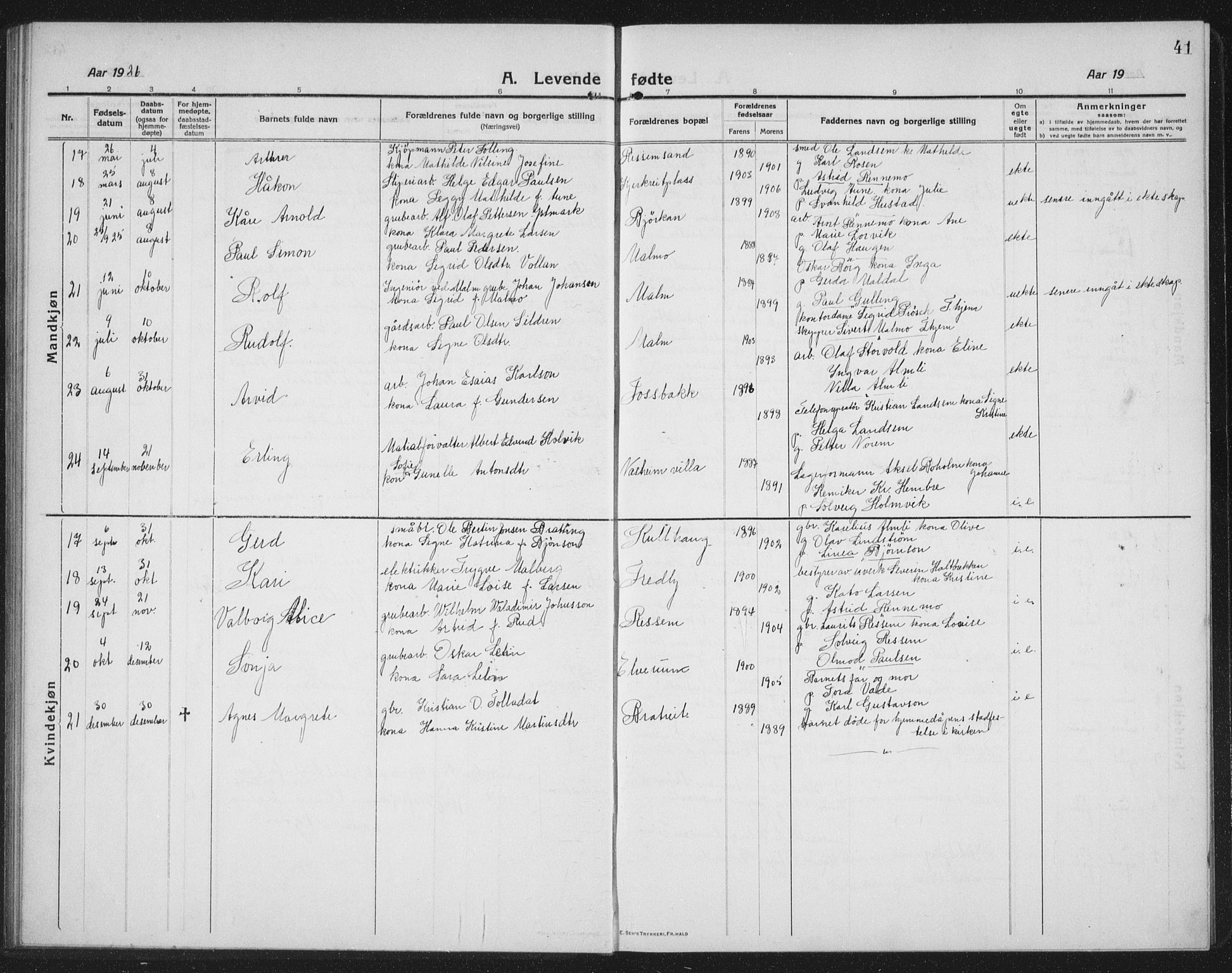 Ministerialprotokoller, klokkerbøker og fødselsregistre - Nord-Trøndelag, AV/SAT-A-1458/745/L0434: Parish register (copy) no. 745C03, 1914-1937, p. 41