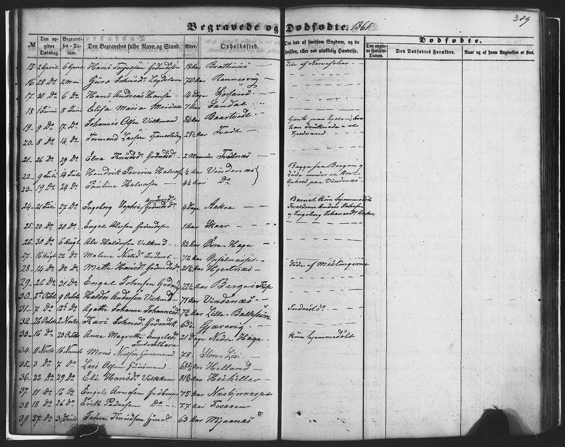 Fusa sokneprestembete, SAB/A-75401/H/Haa: Parish register (official) no. A 1II, 1855-1879, p. 389