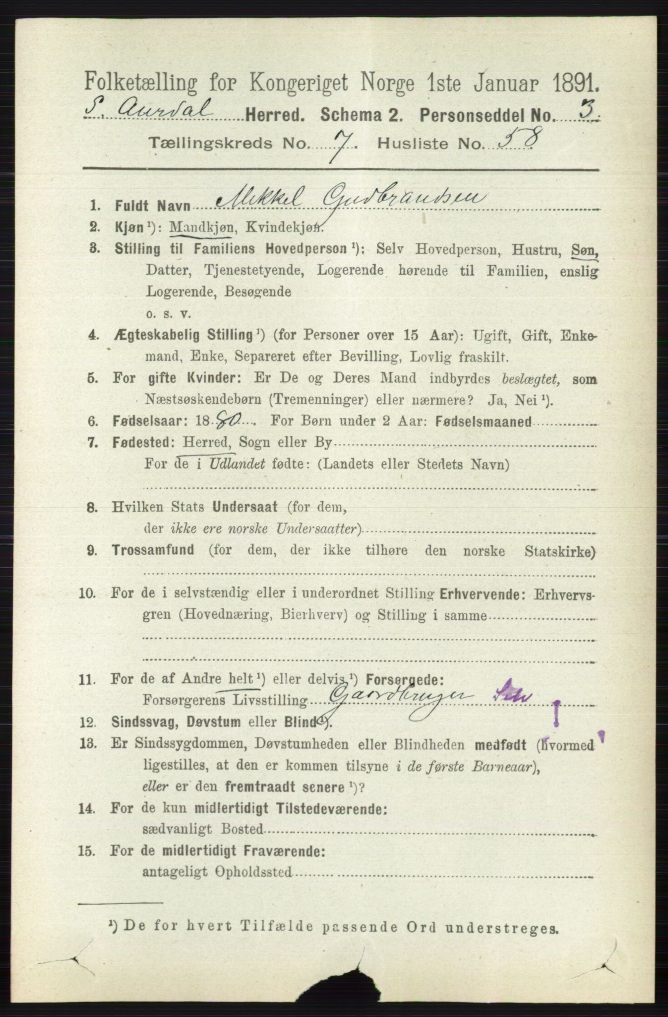 RA, 1891 census for 0540 Sør-Aurdal, 1891, p. 4744