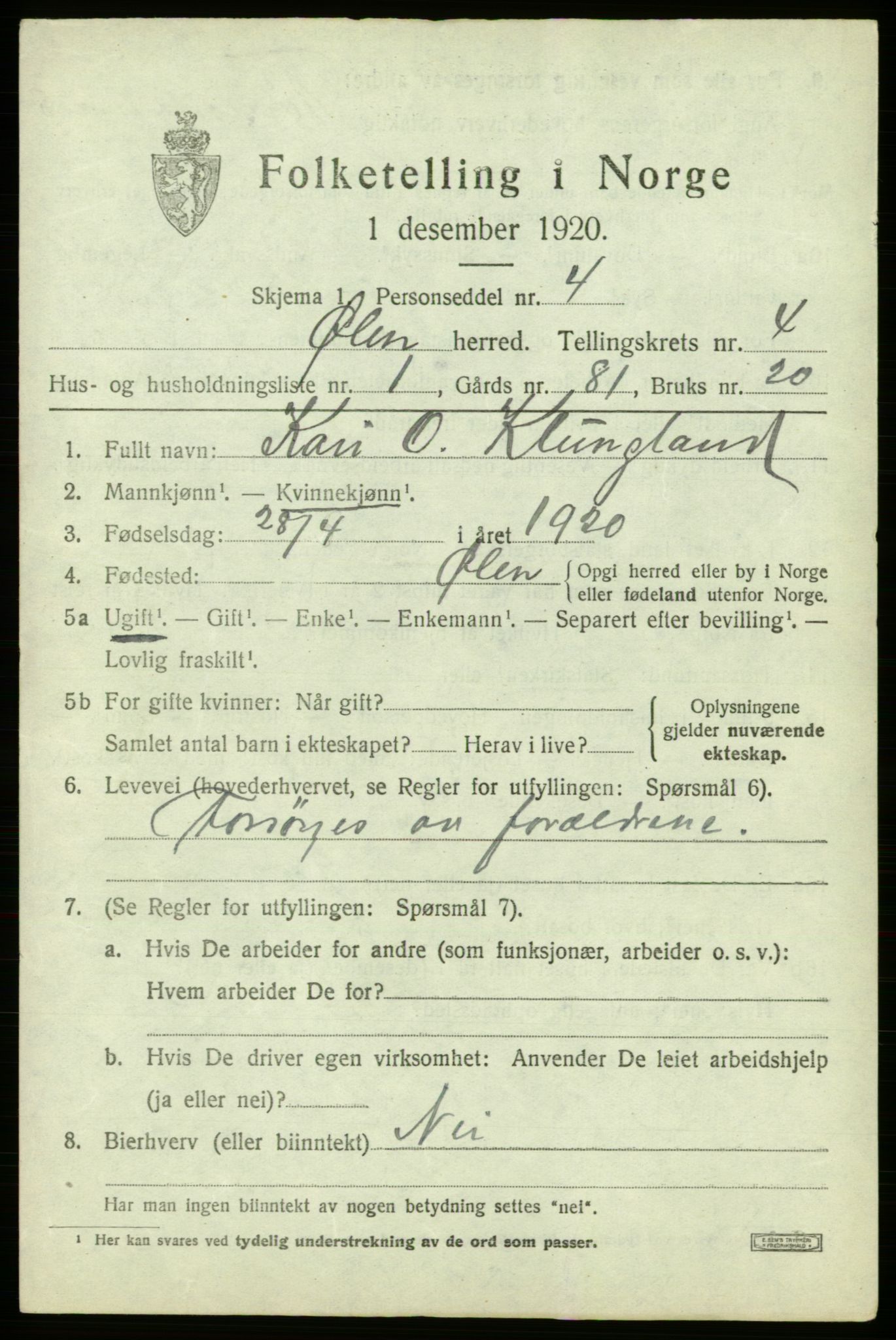 SAB, 1920 census for Ølen, 1920, p. 1909