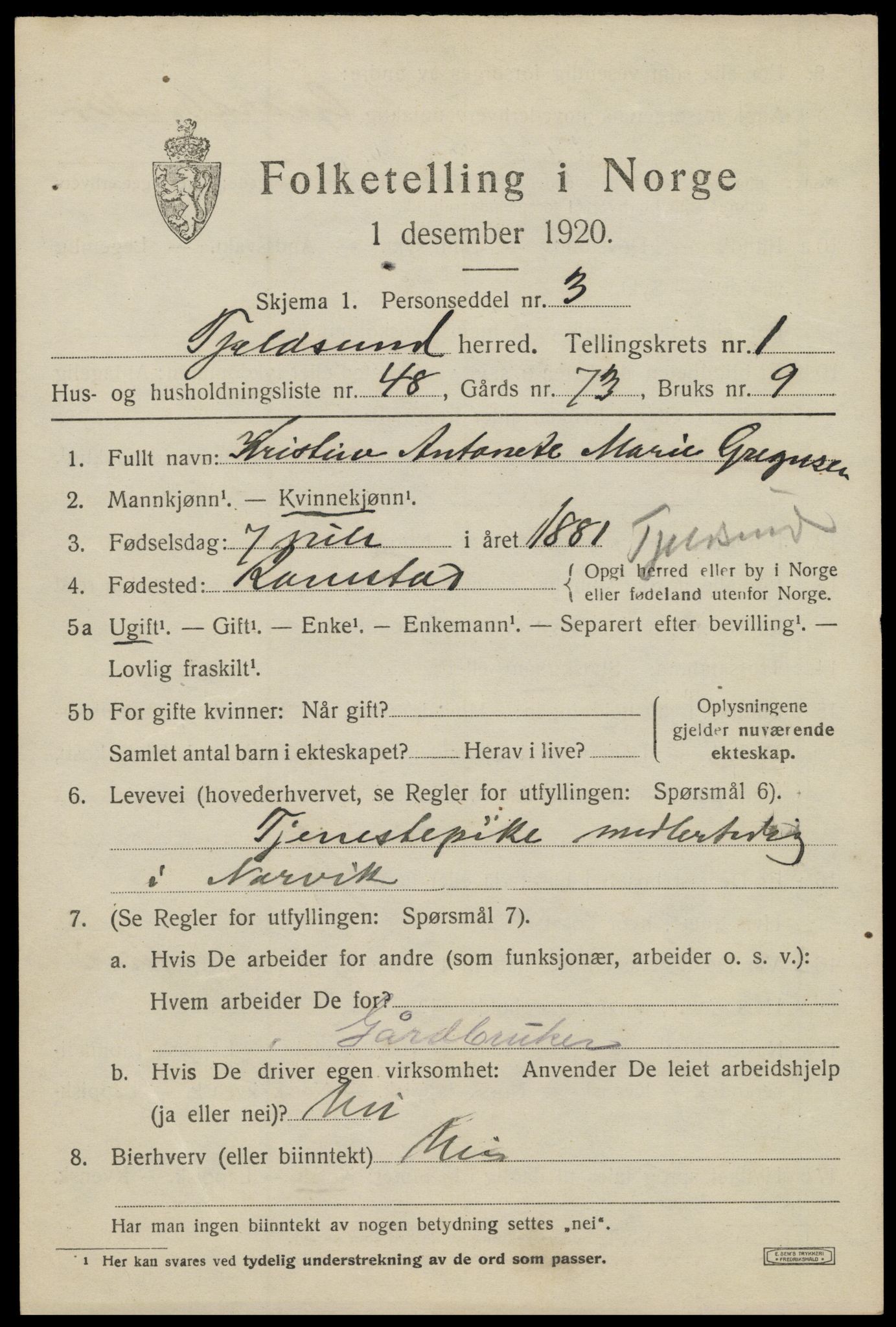 SAT, 1920 census for Tjeldsund, 1920, p. 1140