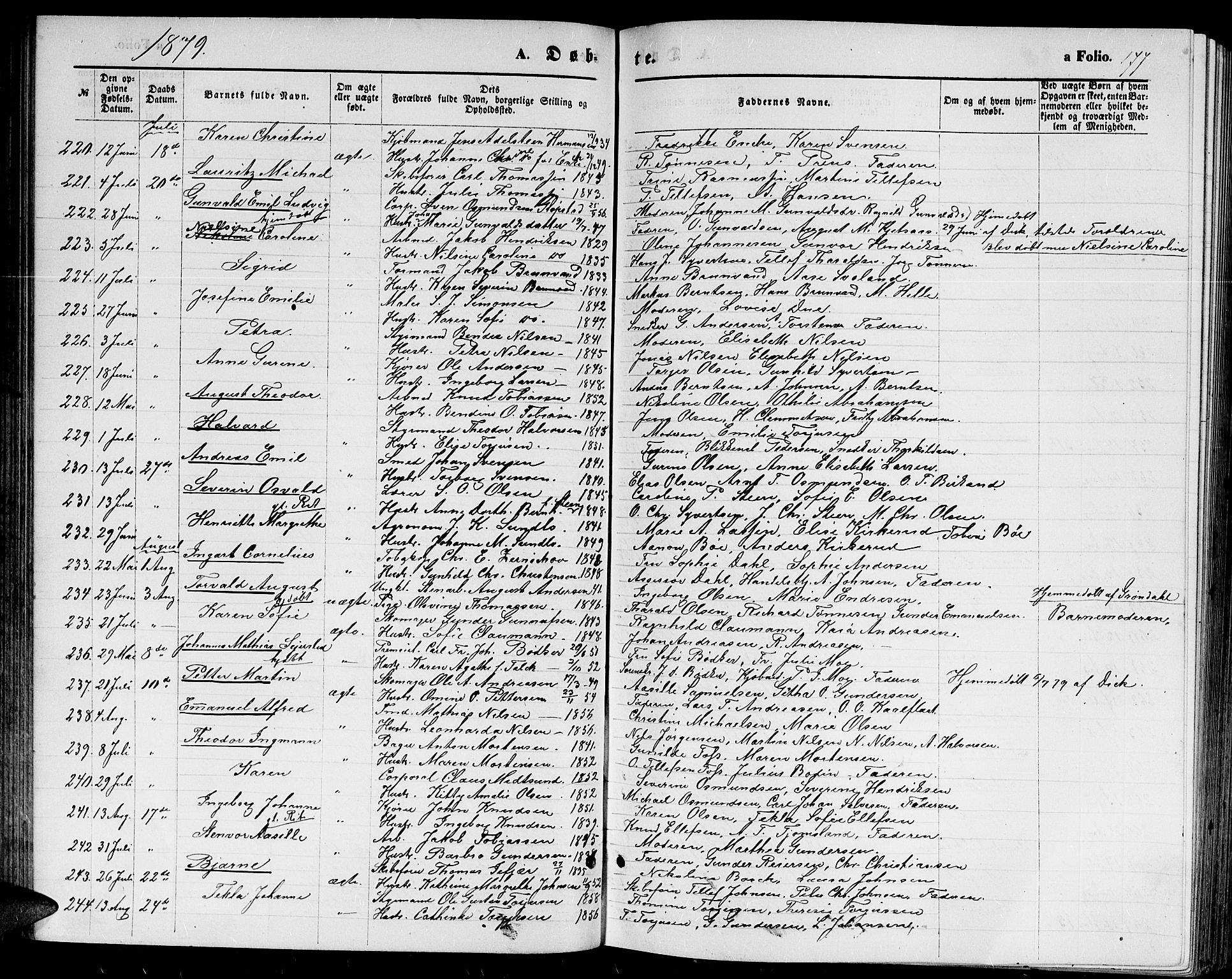 Kristiansand domprosti, SAK/1112-0006/F/Fb/L0013: Parish register (copy) no. B 13, 1871-1880, p. 177