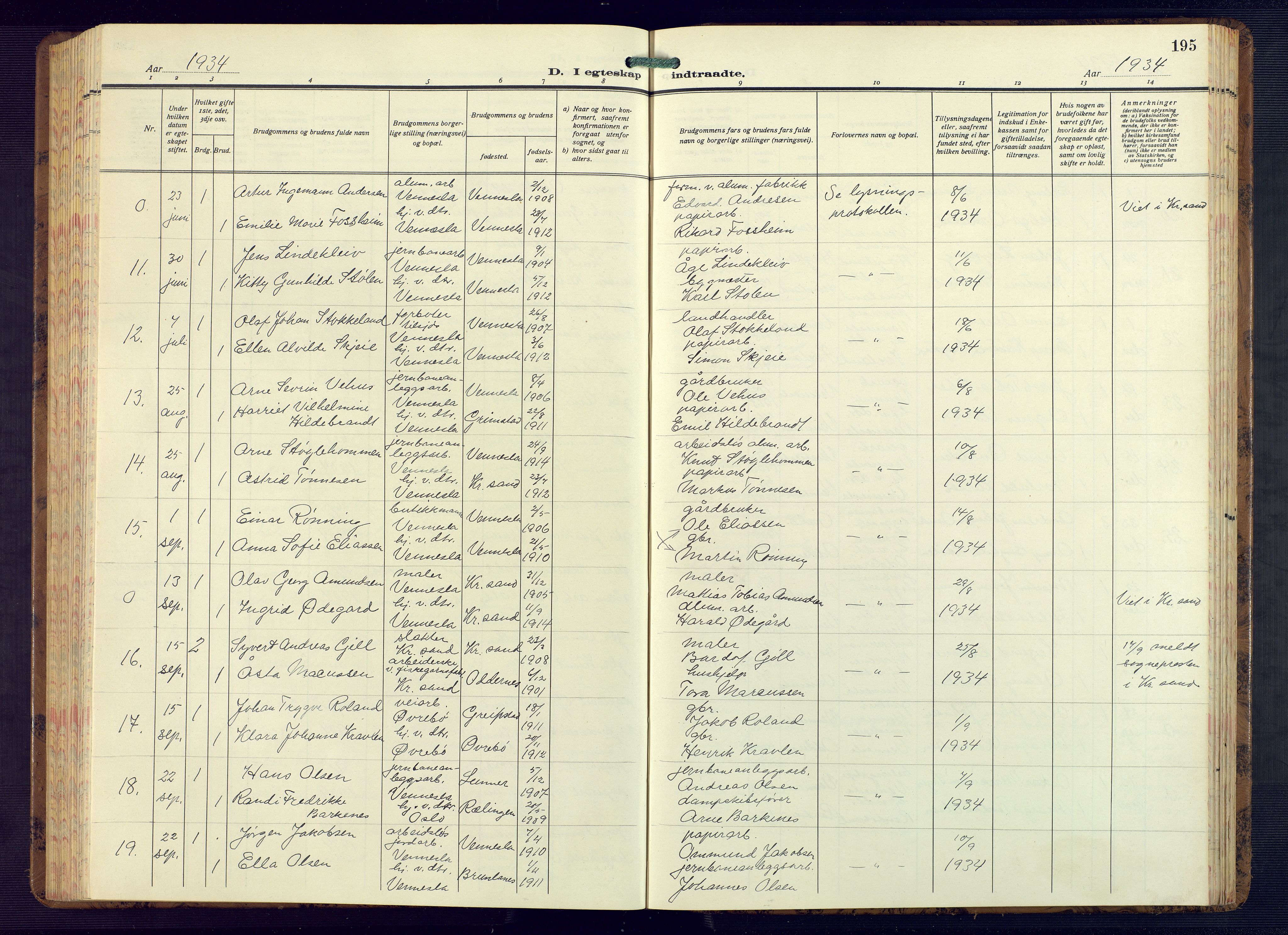 Vennesla sokneprestkontor, AV/SAK-1111-0045/Fb/Fbb/L0008: Parish register (copy) no. B 8, 1934-1947, p. 195