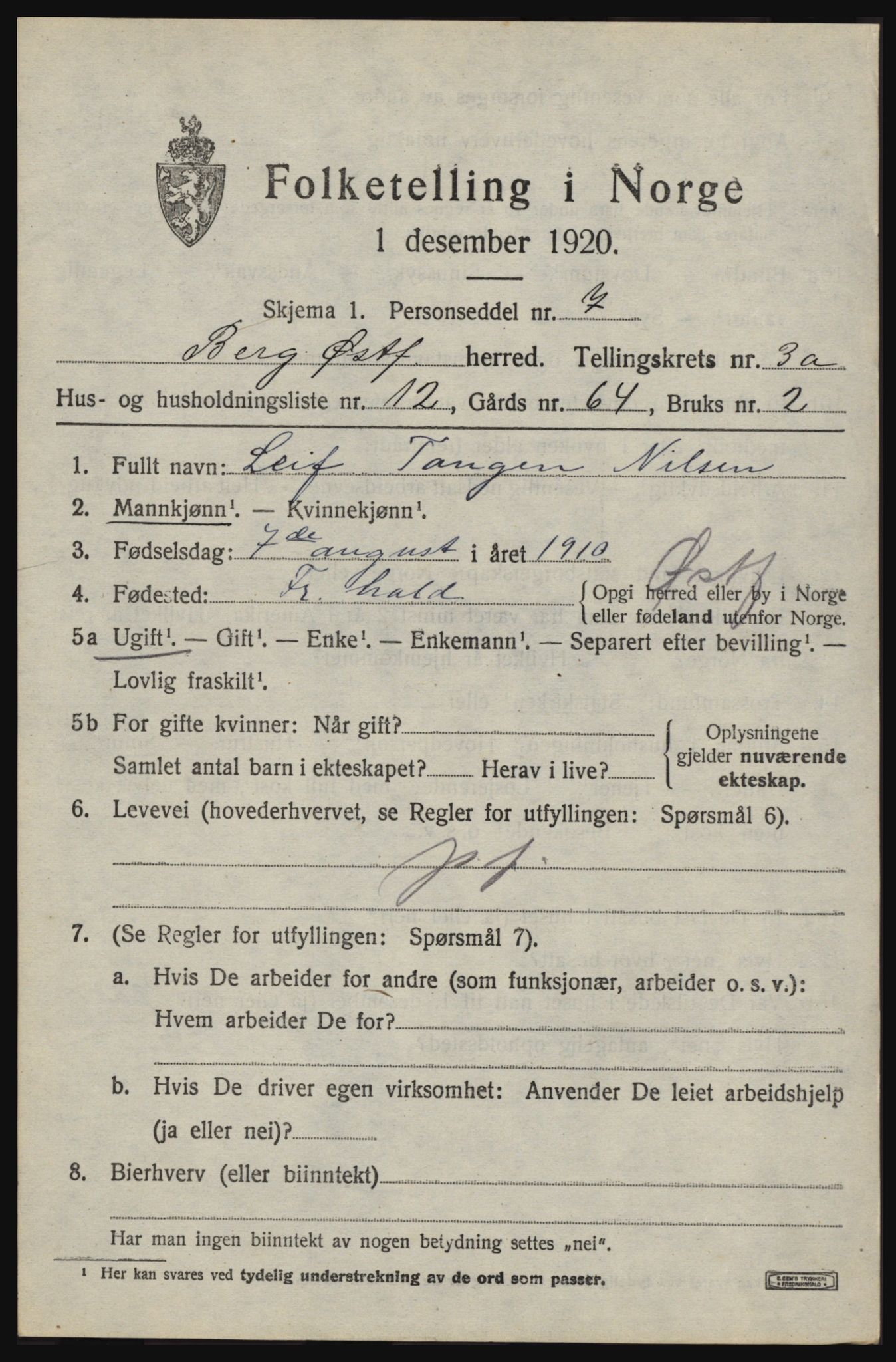 SAO, 1920 census for Berg, 1920, p. 4911