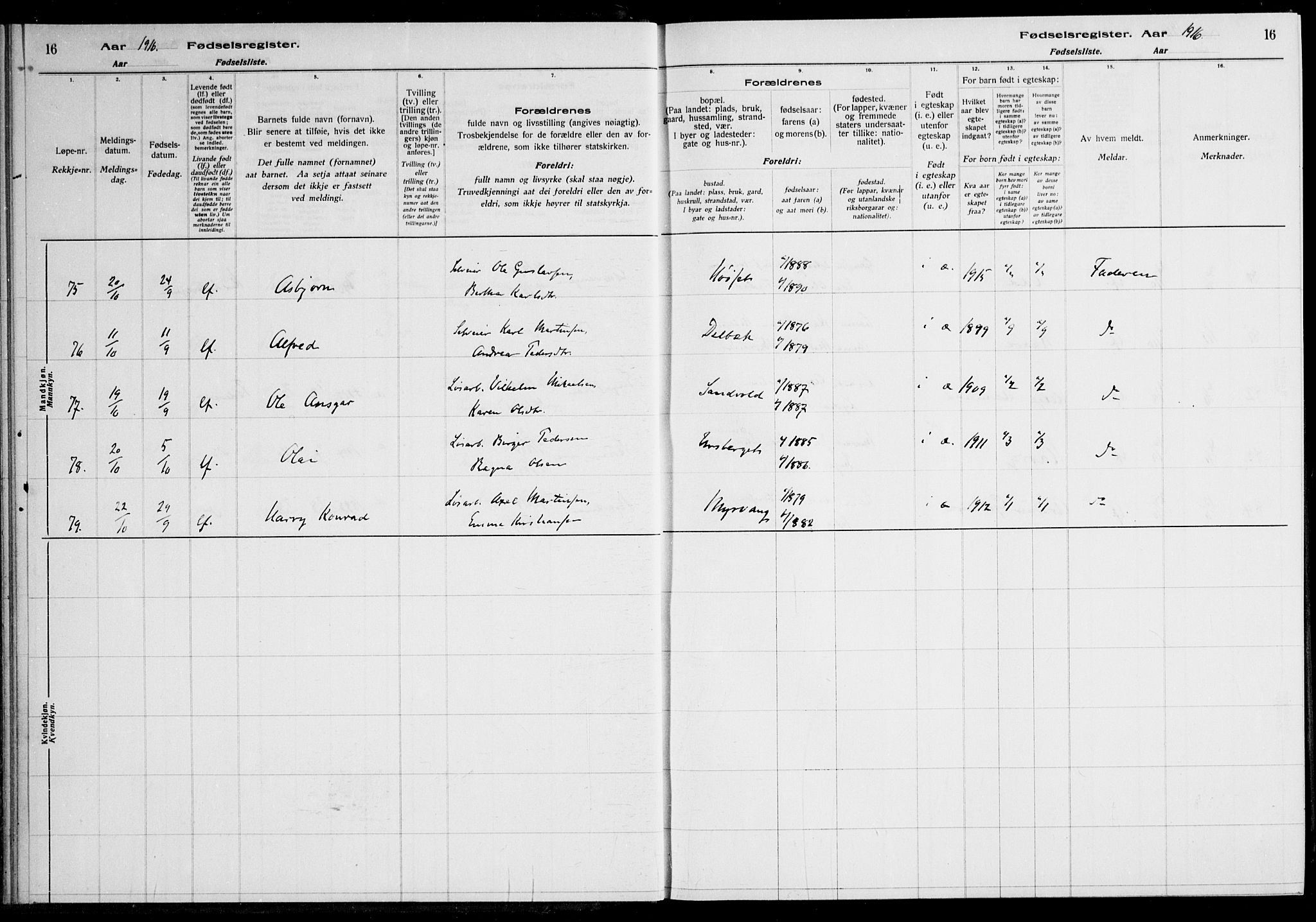 Nes prestekontor Kirkebøker, AV/SAO-A-10410/J/Ja/L0001: Birth register no. 1, 1916-1926, p. 16