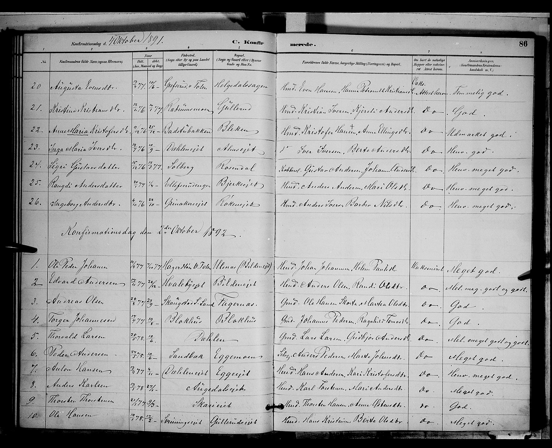 Gran prestekontor, SAH/PREST-112/H/Ha/Hab/L0004: Parish register (copy) no. 4, 1890-1899, p. 86