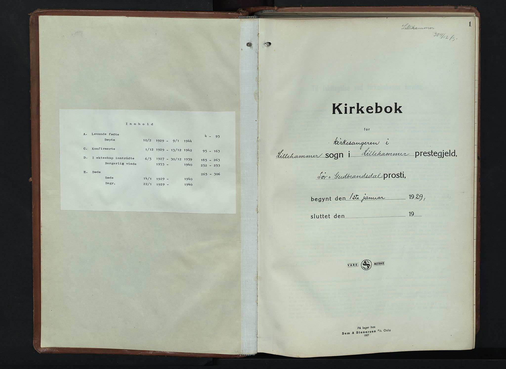 Lillehammer prestekontor, AV/SAH-PREST-088/H/Ha/Hab/L0003: Parish register (copy) no. 3, 1927-1943, p. 1