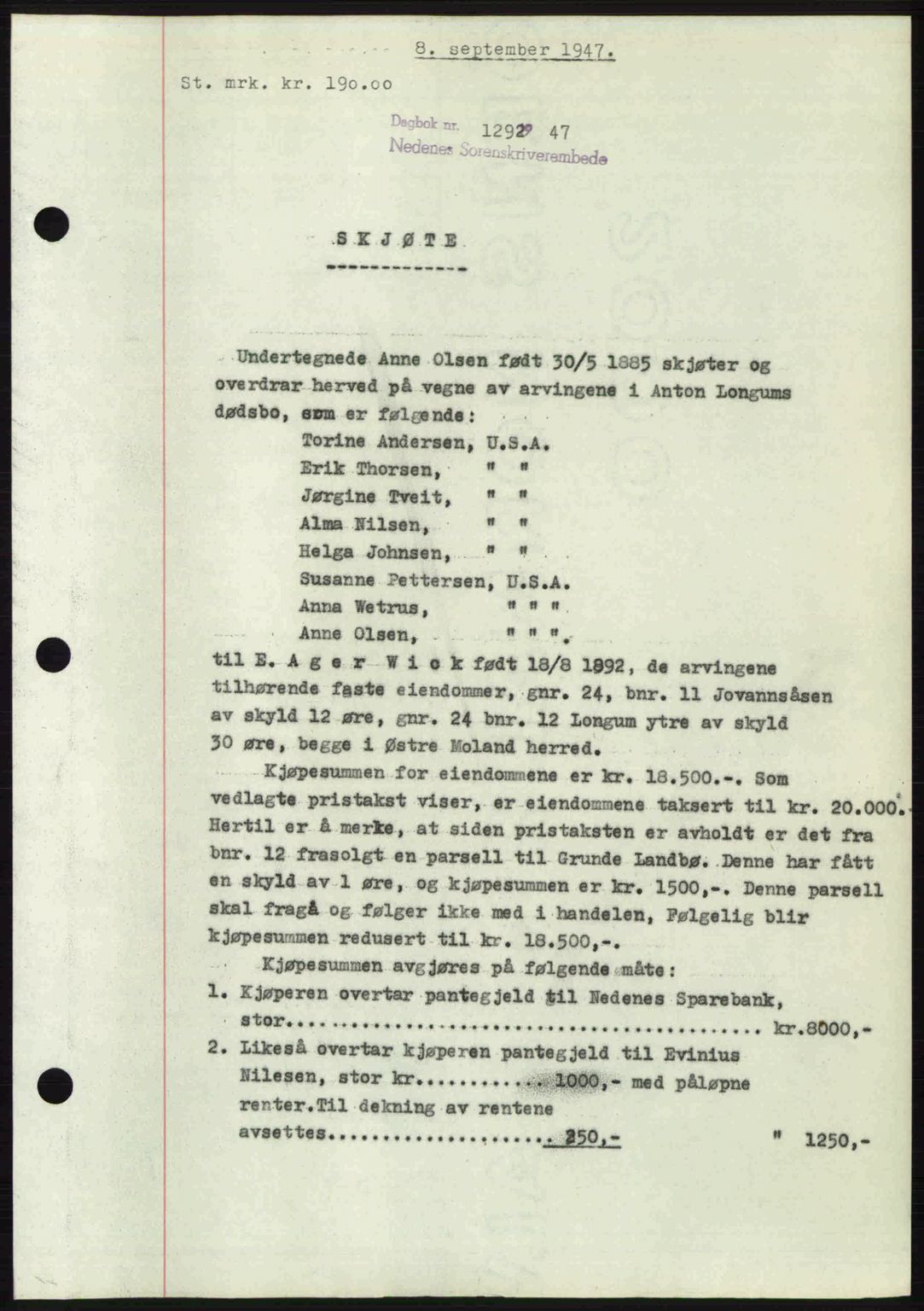 Nedenes sorenskriveri, SAK/1221-0006/G/Gb/Gba/L0058: Mortgage book no. A10, 1947-1948, Diary no: : 1292/1947