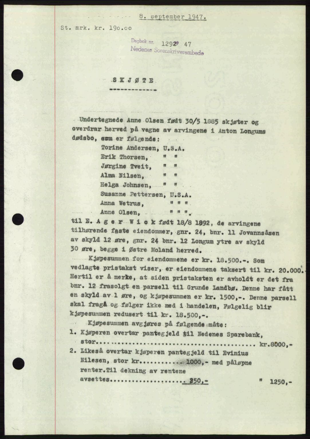 Nedenes sorenskriveri, AV/SAK-1221-0006/G/Gb/Gba/L0058: Mortgage book no. A10, 1947-1948, Diary no: : 1292/1947