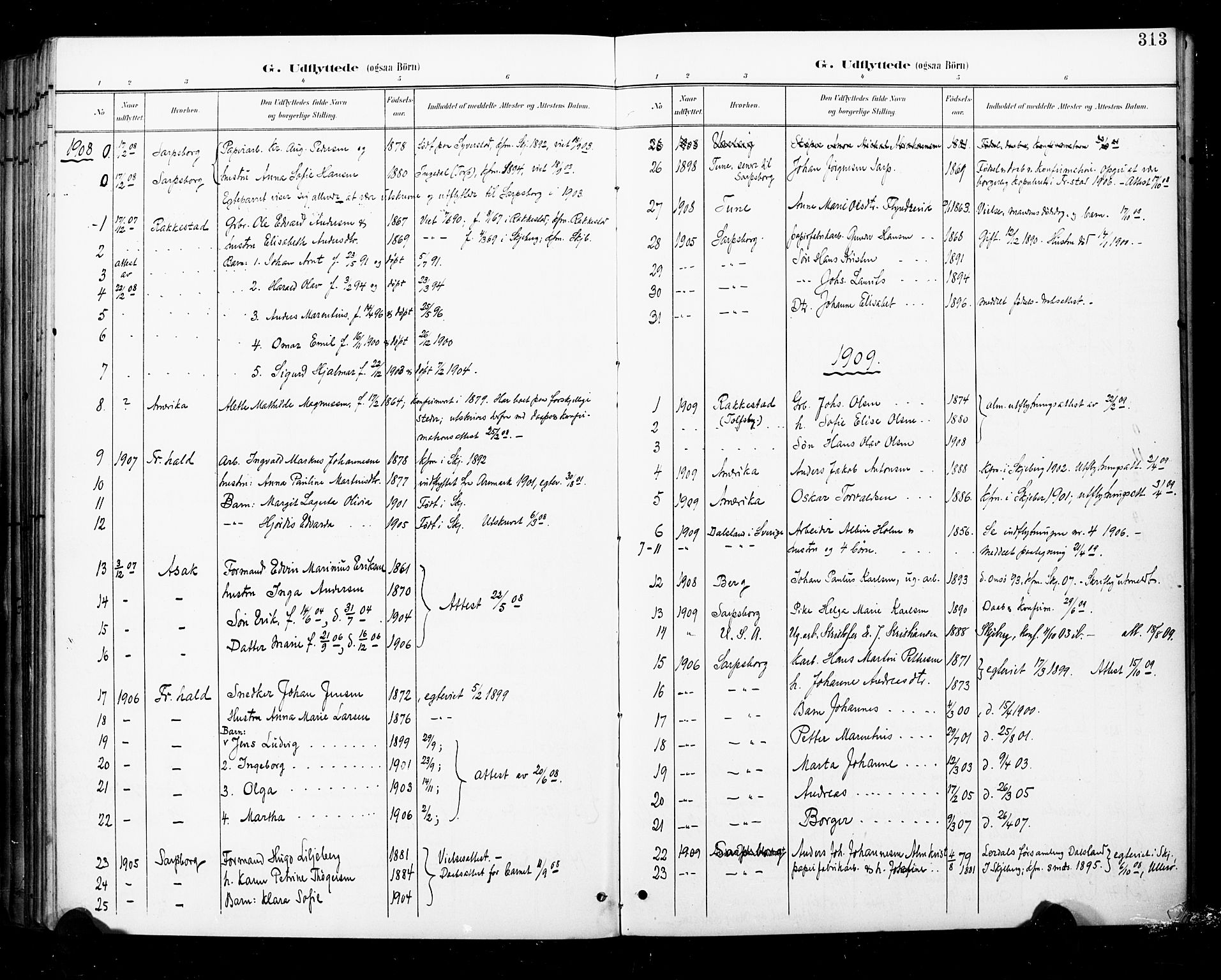 Skjeberg prestekontor Kirkebøker, SAO/A-10923/F/Fa/L0010: Parish register (official) no. I 10, 1898-1911, p. 313
