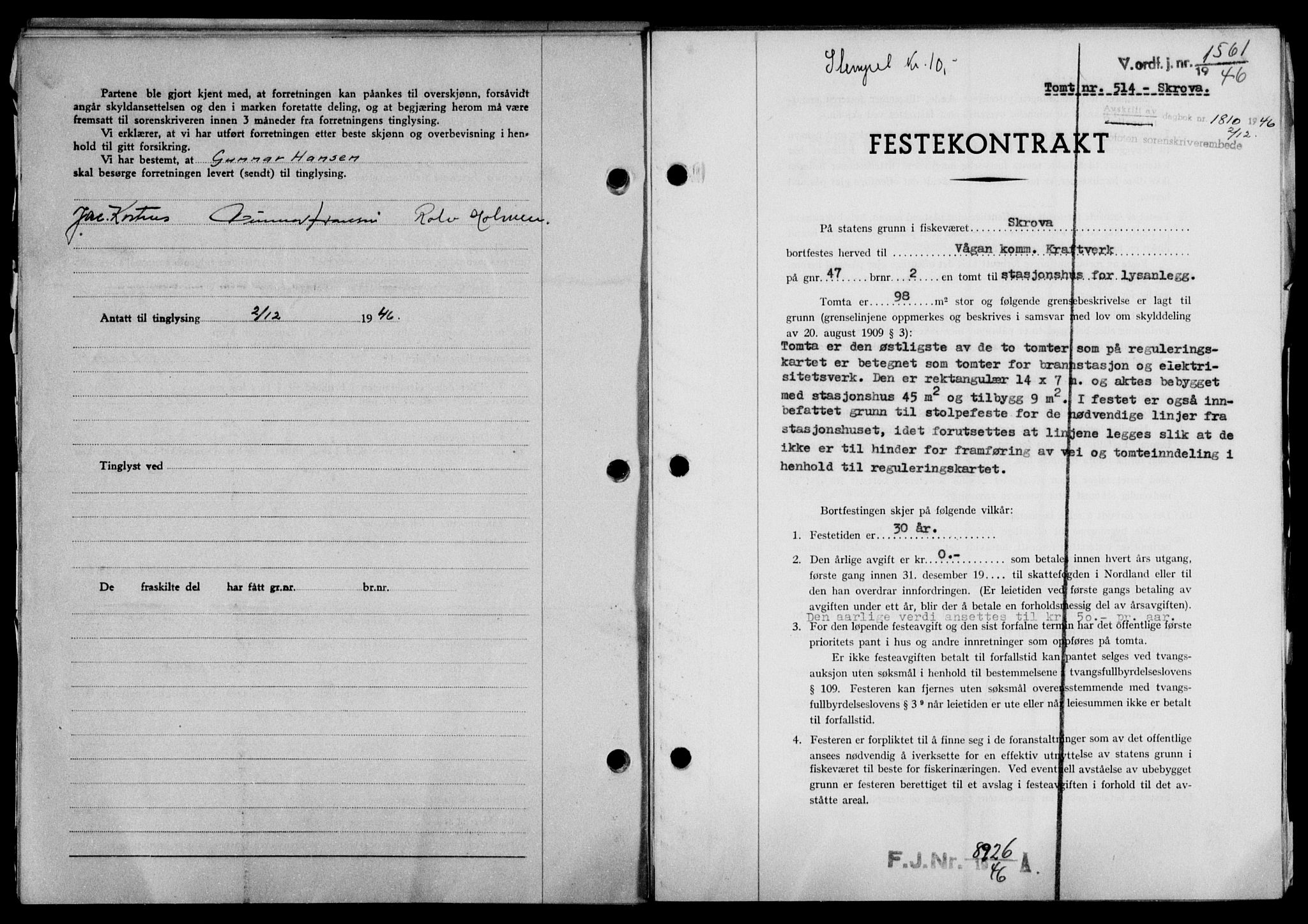 Lofoten sorenskriveri, SAT/A-0017/1/2/2C/L0015a: Mortgage book no. 15a, 1946-1947, Diary no: : 1810/1946