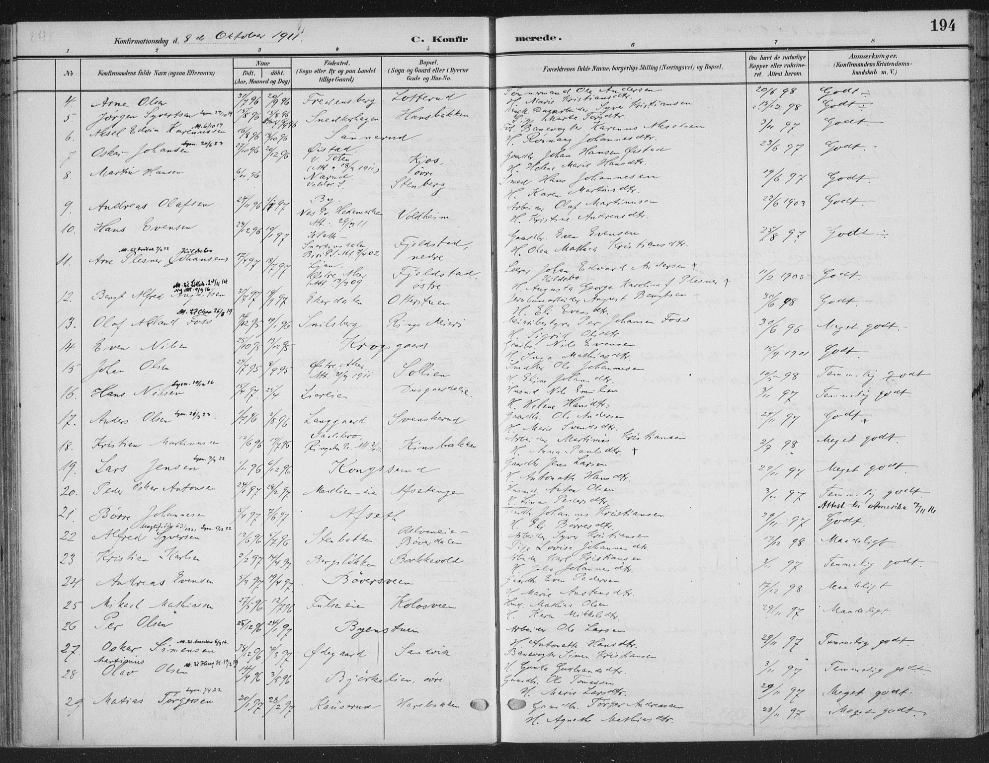 Ringsaker prestekontor, SAH/PREST-014/K/Ka/L0018: Parish register (official) no. 18, 1903-1912, p. 194