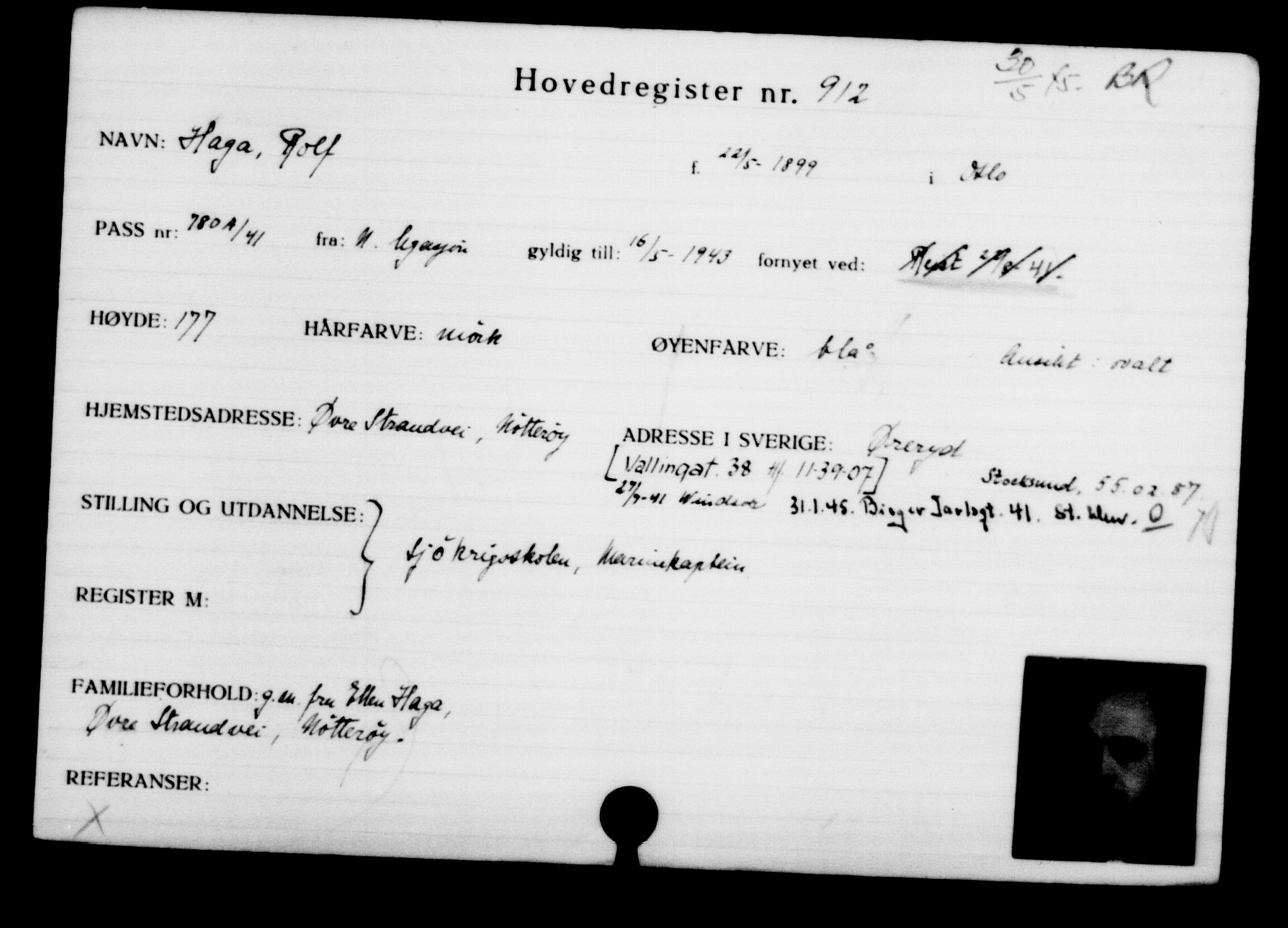 Utenriksstasjonene, Legasjonen i Stockholm, Flyktningkontoret, AV/RA-S-6753/V/Va/L0001: Kjesäterkartoteket, flyktninger med registreringsnr. 1-1000, 1940-1945, p. 1436