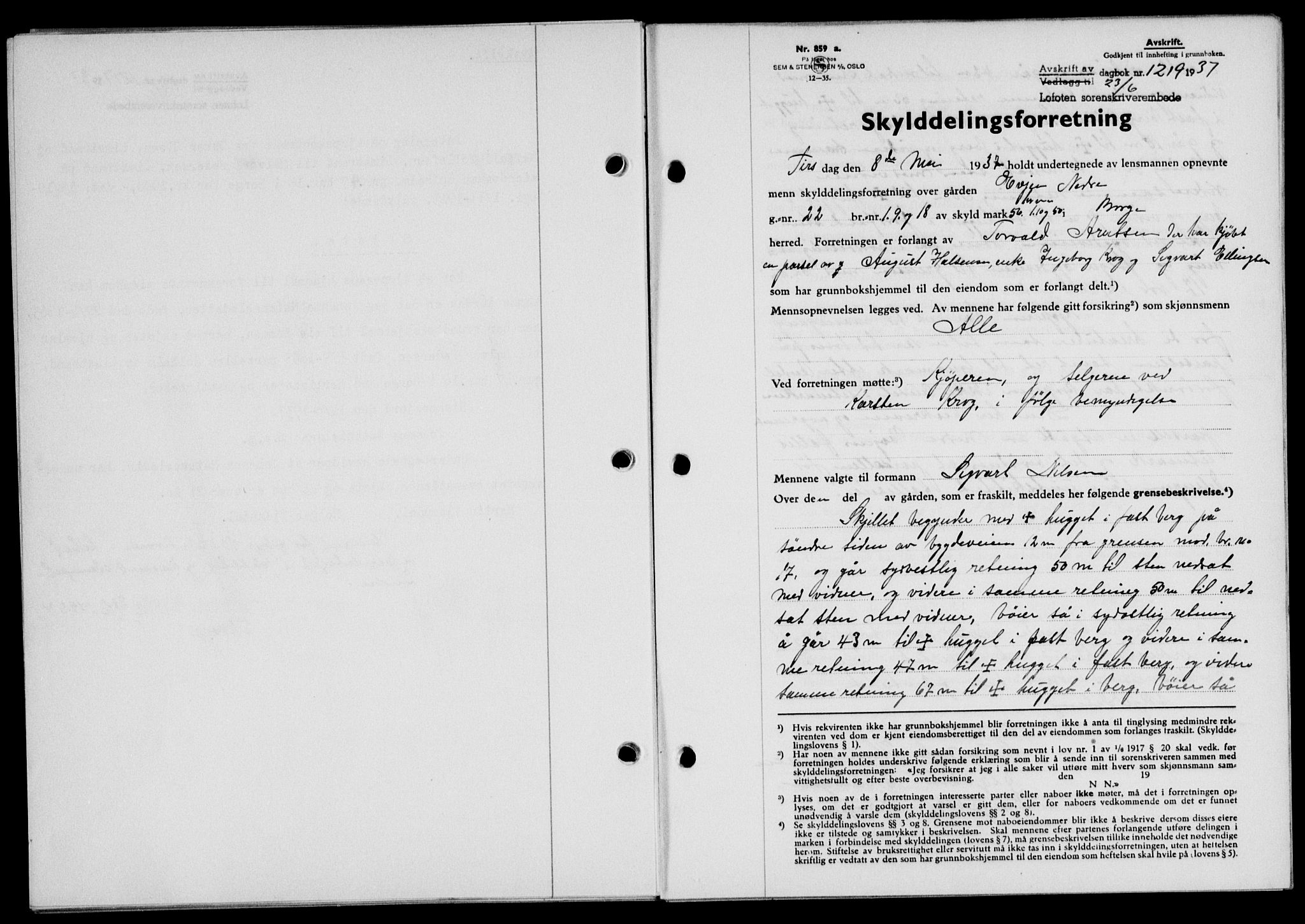 Lofoten sorenskriveri, SAT/A-0017/1/2/2C/L0002a: Mortgage book no. 2a, 1937-1937, Diary no: : 1219/1937