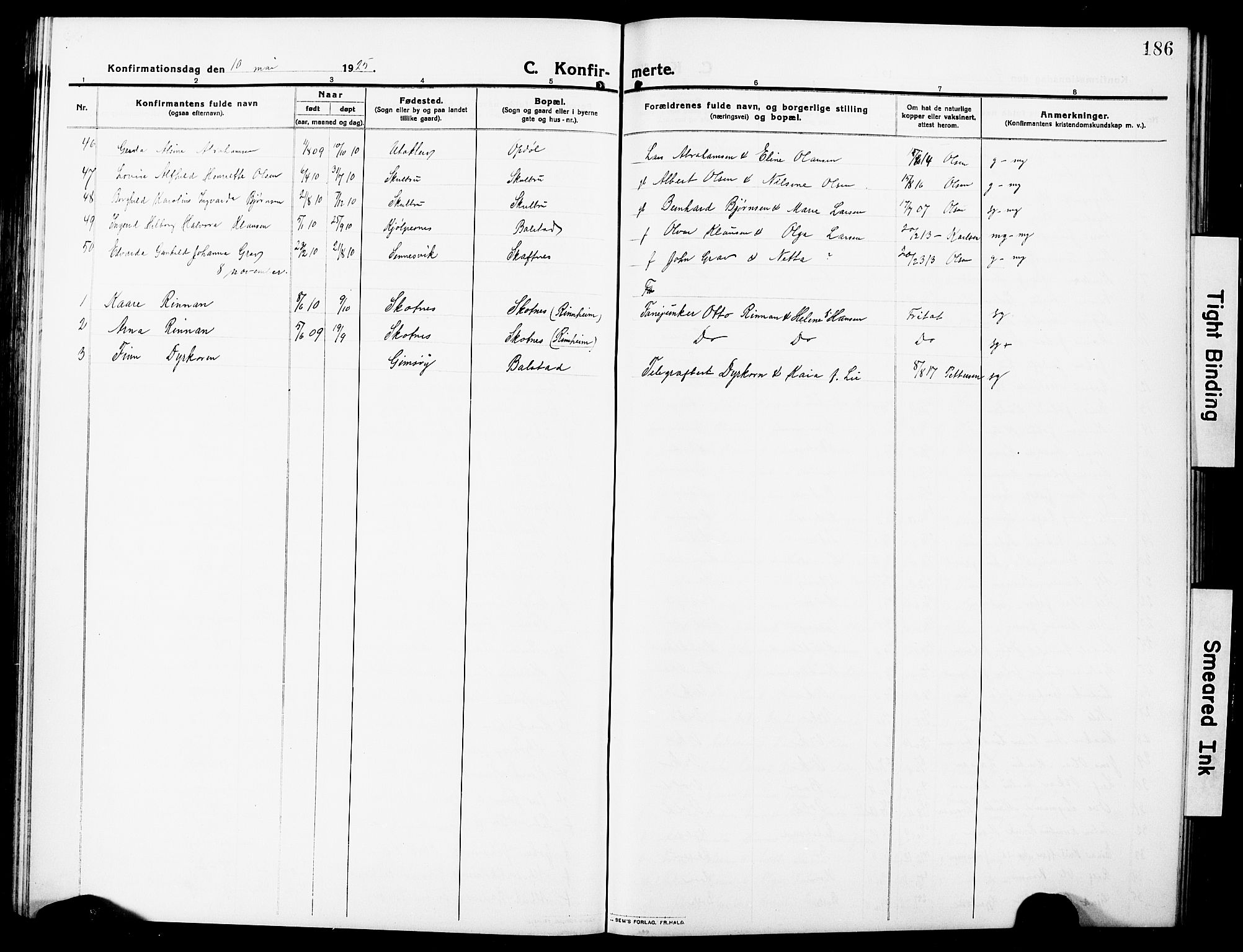 Ministerialprotokoller, klokkerbøker og fødselsregistre - Nordland, AV/SAT-A-1459/881/L1169: Parish register (copy) no. 881C06, 1912-1930, p. 186