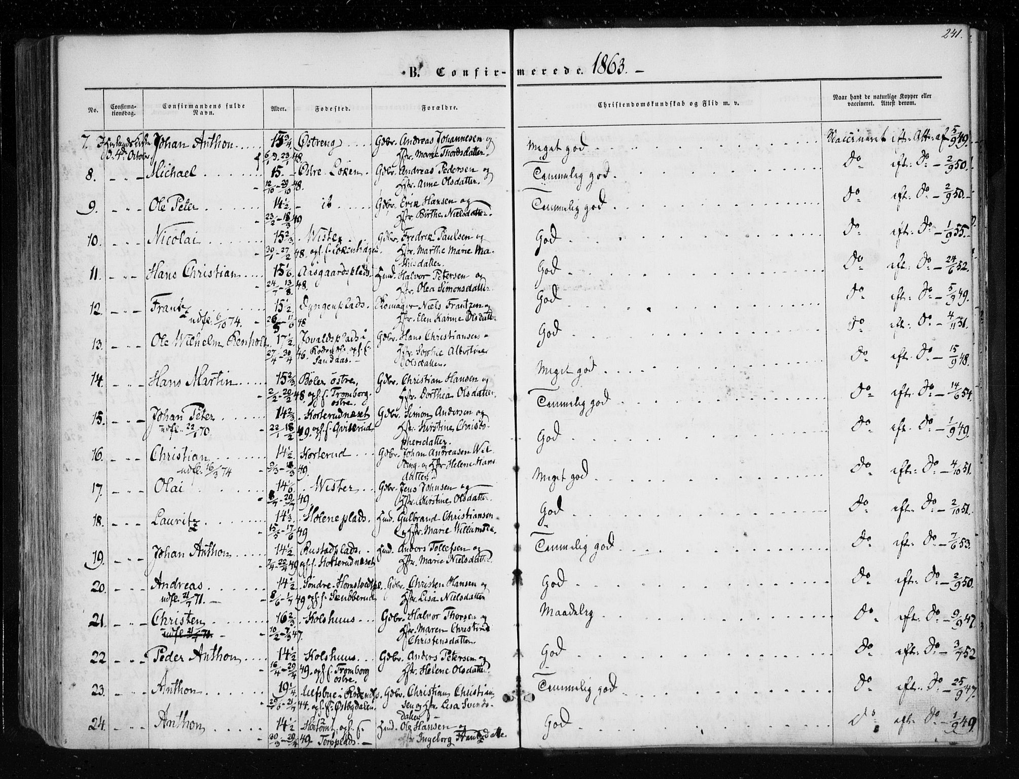 Eidsberg prestekontor Kirkebøker, AV/SAO-A-10905/F/Fa/L0010.a: Parish register (official) no. I 10A, 1857-1866, p. 241