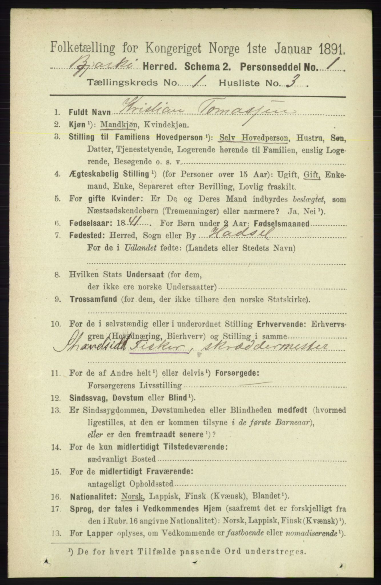 RA, 1891 census for 1915 Bjarkøy, 1891, p. 100