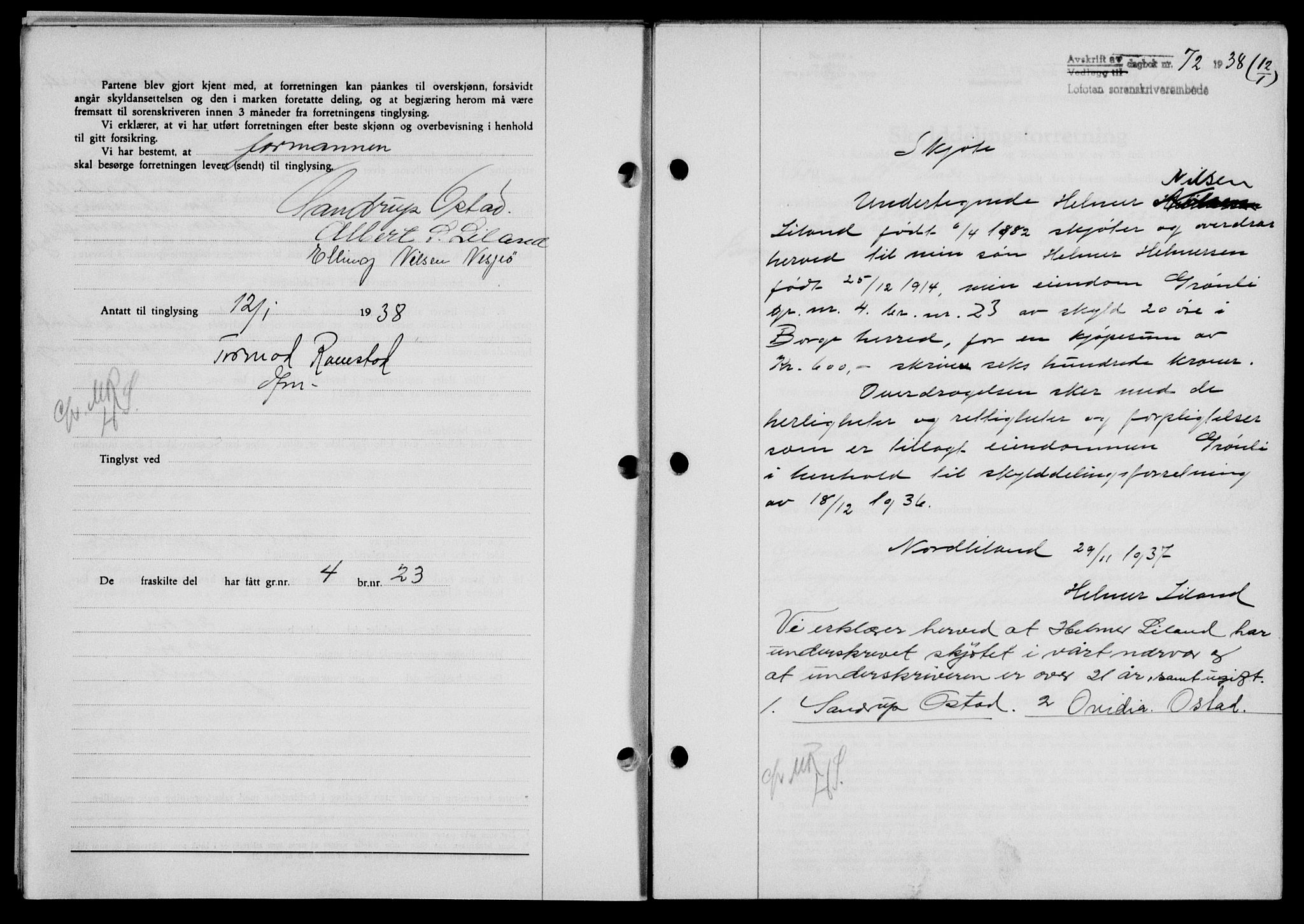 Lofoten sorenskriveri, SAT/A-0017/1/2/2C/L0003a: Mortgage book no. 3a, 1937-1938, Diary no: : 72/1938