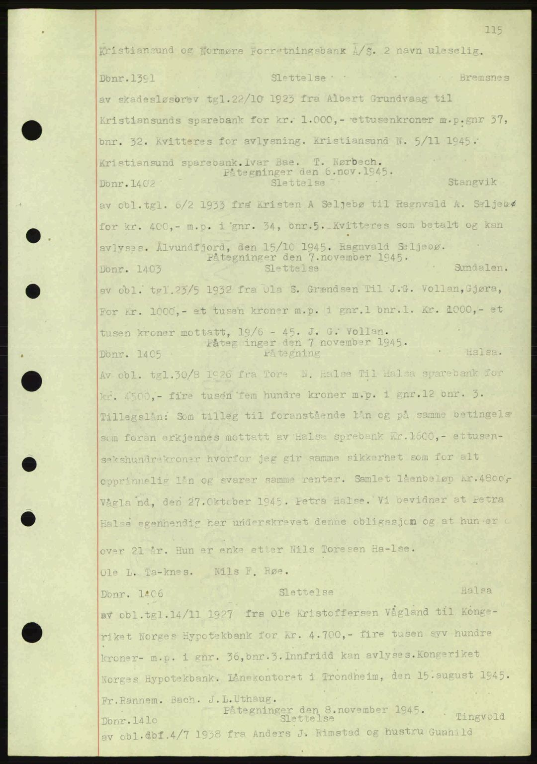 Nordmøre sorenskriveri, AV/SAT-A-4132/1/2/2Ca: Mortgage book no. C82a, 1945-1946, Diary no: : 1391/1945