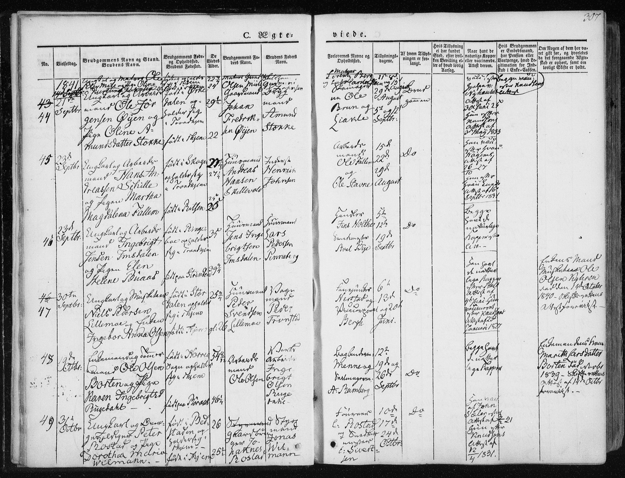 Ministerialprotokoller, klokkerbøker og fødselsregistre - Sør-Trøndelag, AV/SAT-A-1456/601/L0049: Parish register (official) no. 601A17, 1839-1847, p. 307