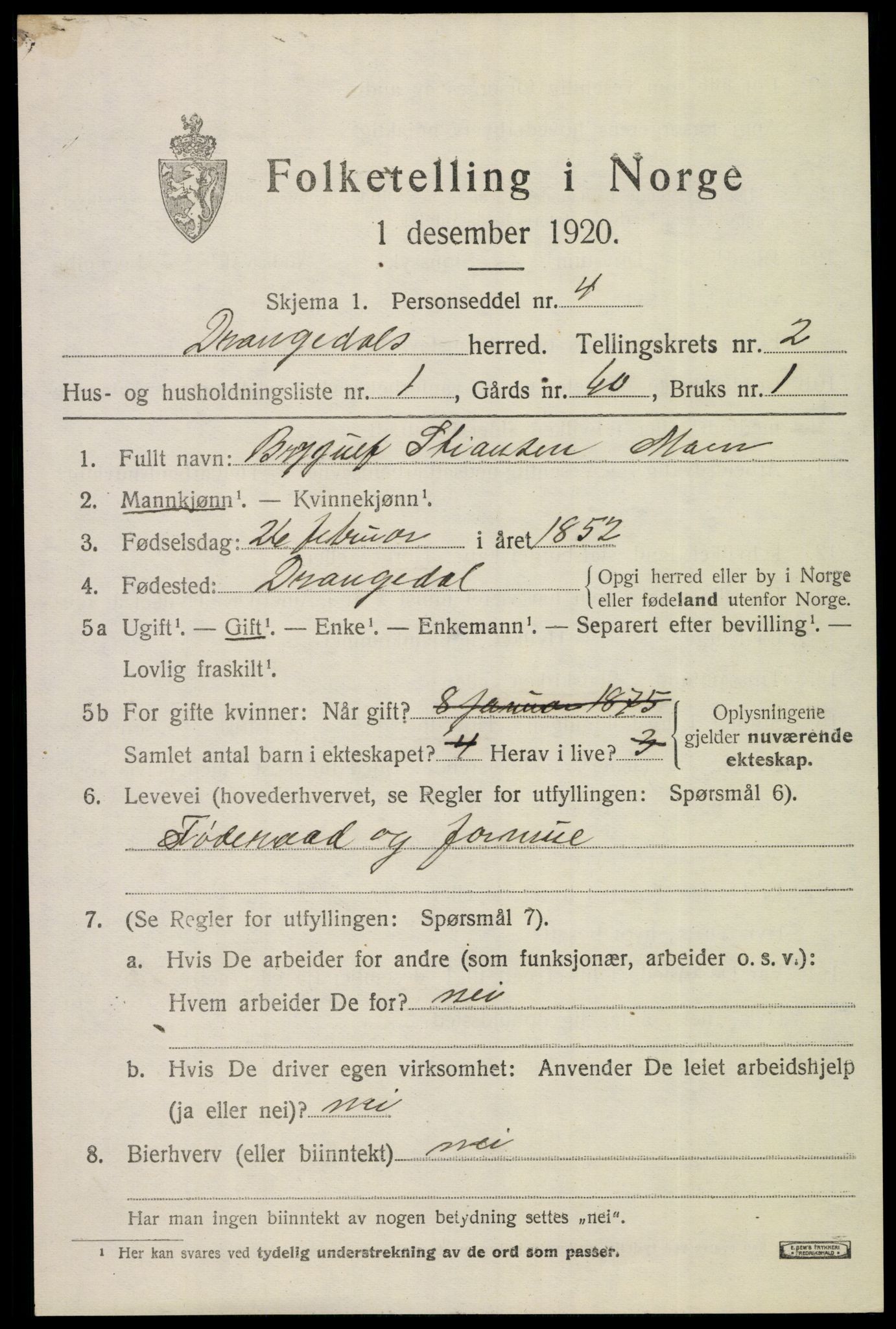 SAKO, 1920 census for Drangedal, 1920, p. 2075