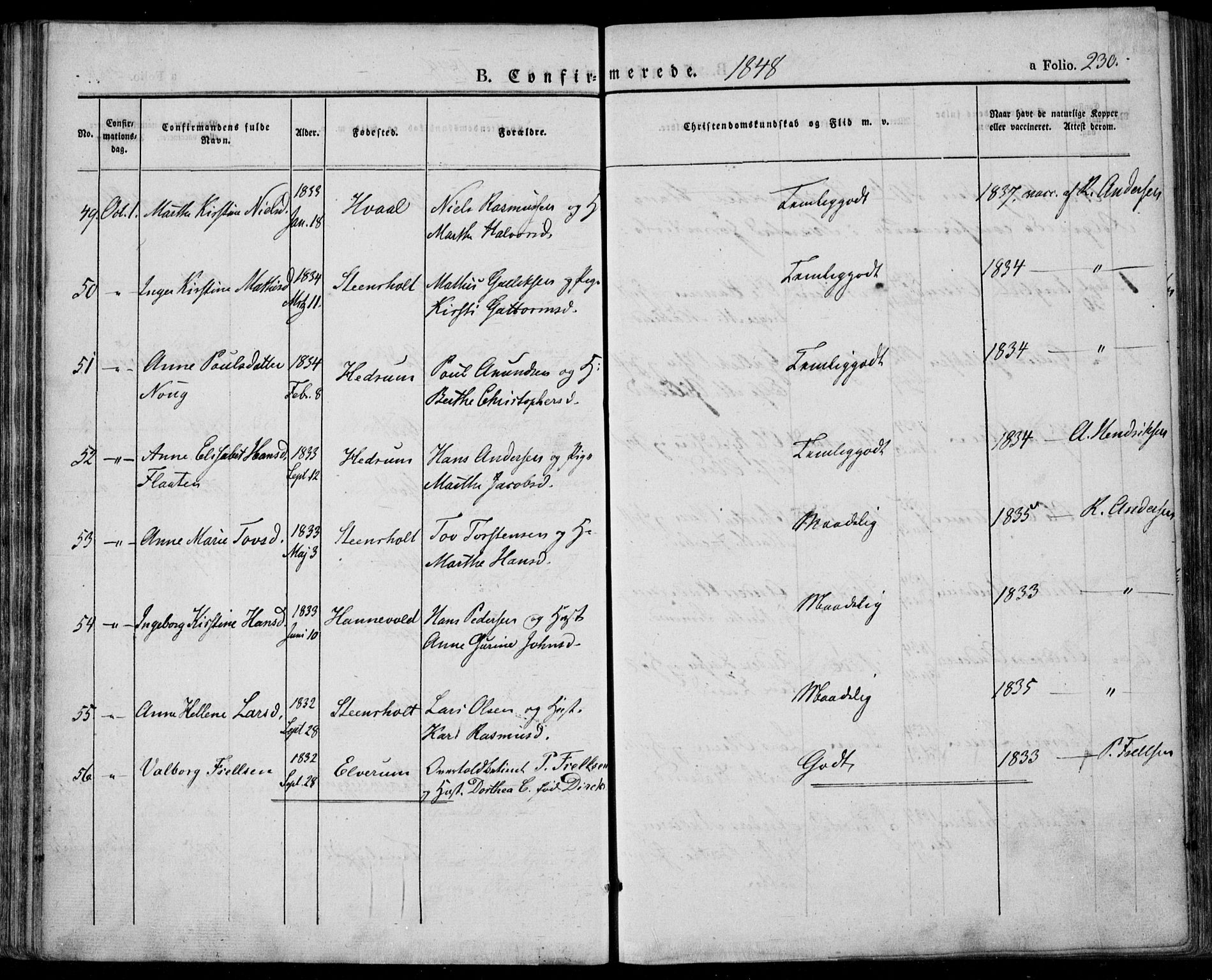 Lardal kirkebøker, AV/SAKO-A-350/F/Fa/L0006: Parish register (official) no. I 6, 1835-1860, p. 230