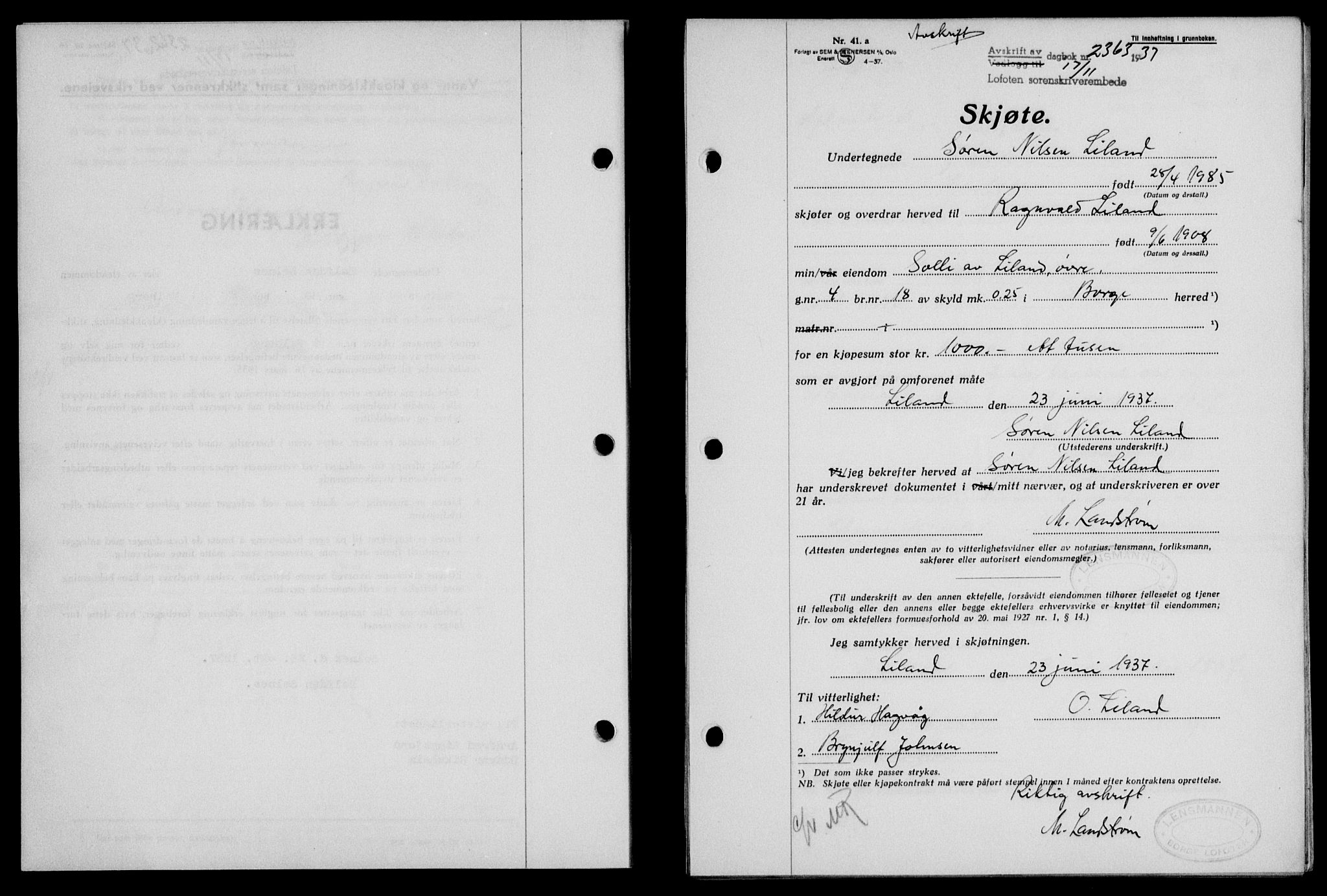 Lofoten sorenskriveri, SAT/A-0017/1/2/2C/L0003a: Mortgage book no. 3a, 1937-1938, Diary no: : 2363/1937