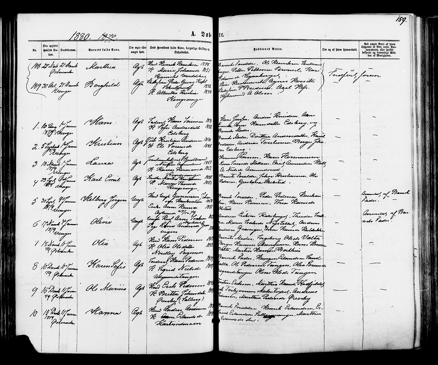 Vinger prestekontor, SAH/PREST-024/H/Ha/Haa/L0012: Parish register (official) no. 12, 1871-1880, p. 159