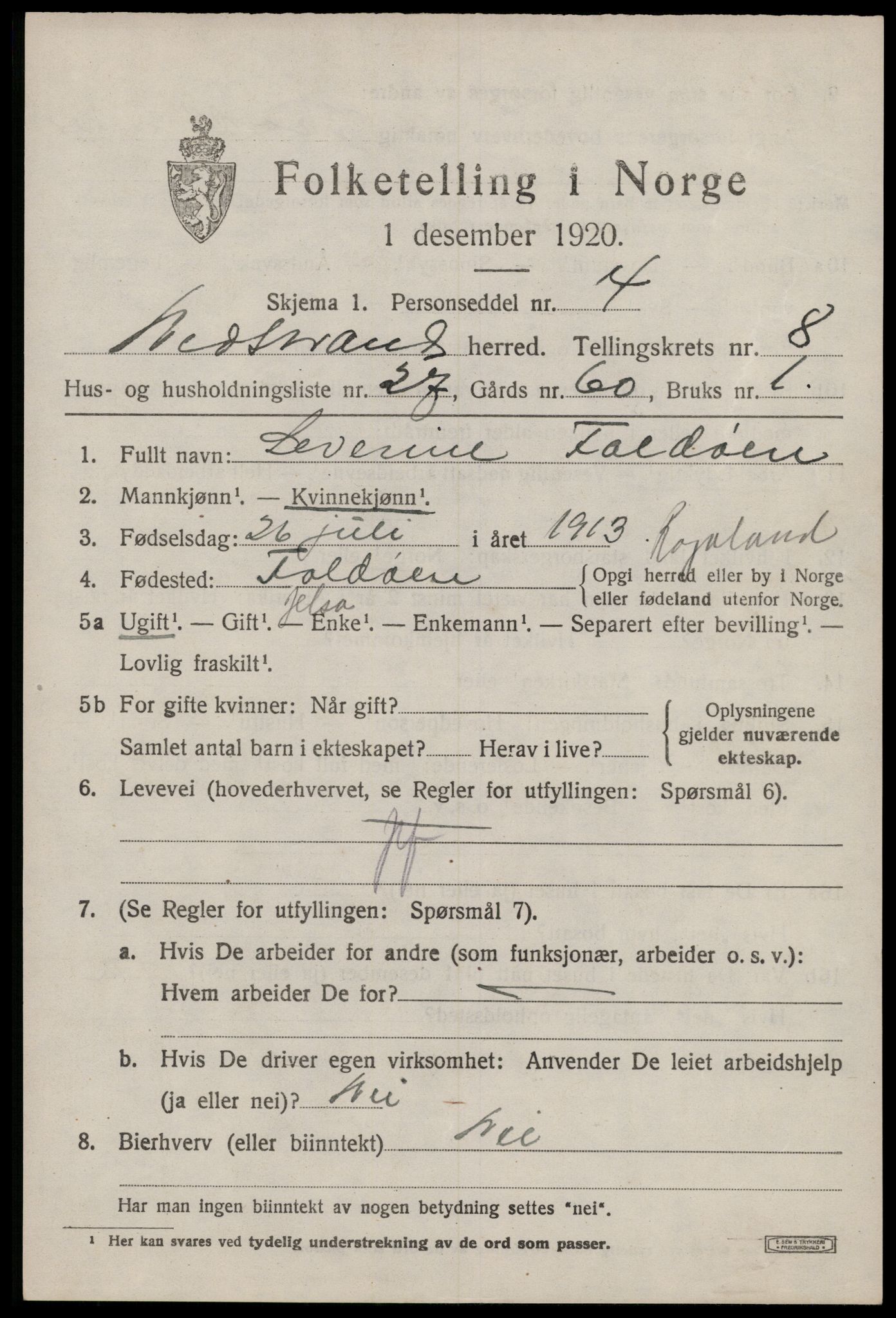 SAST, 1920 census for Nedstrand, 1920, p. 3169