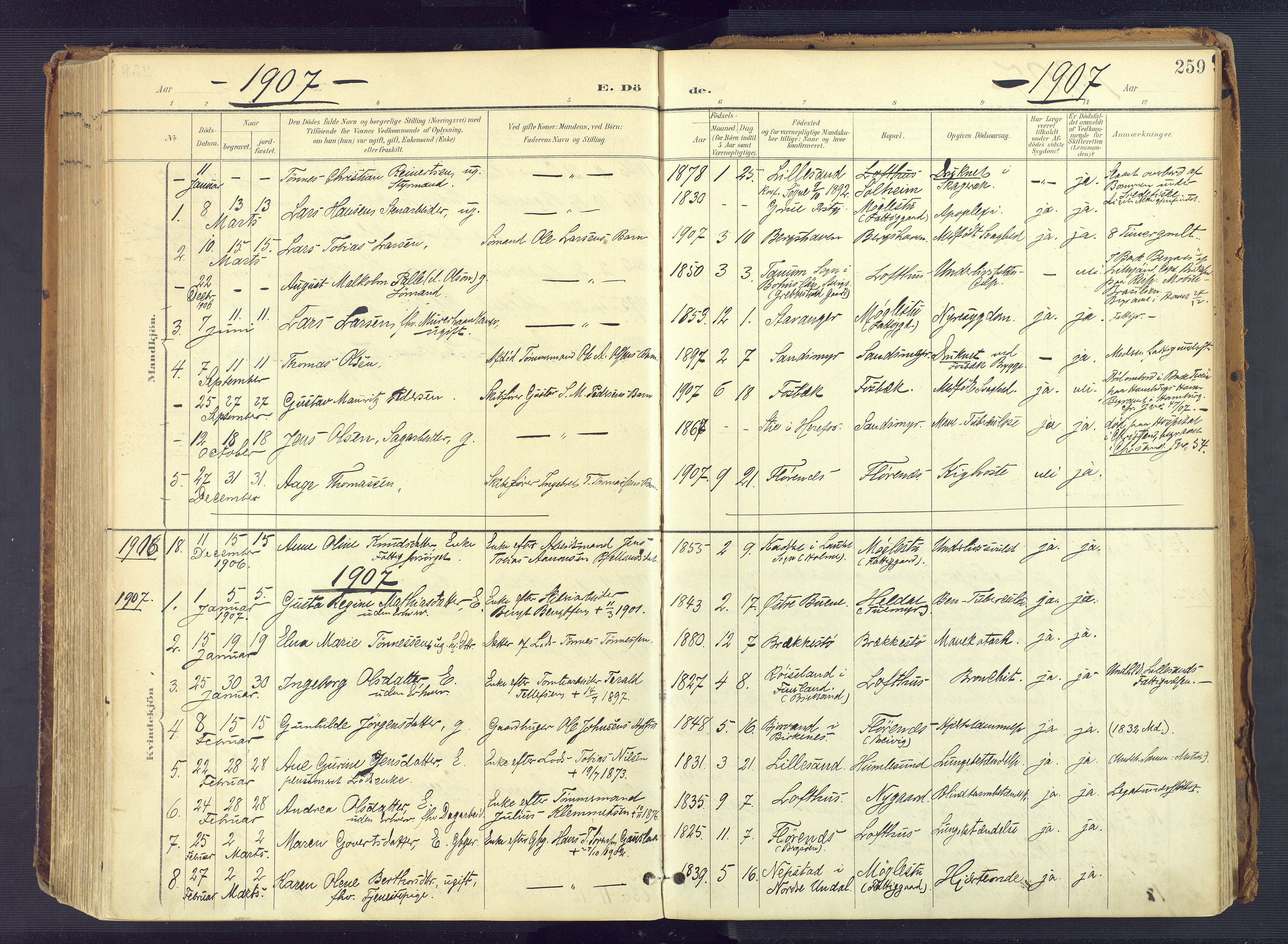 Vestre Moland sokneprestkontor, SAK/1111-0046/F/Fa/Fab/L0010: Parish register (official) no. A 10, 1900-1926, p. 259