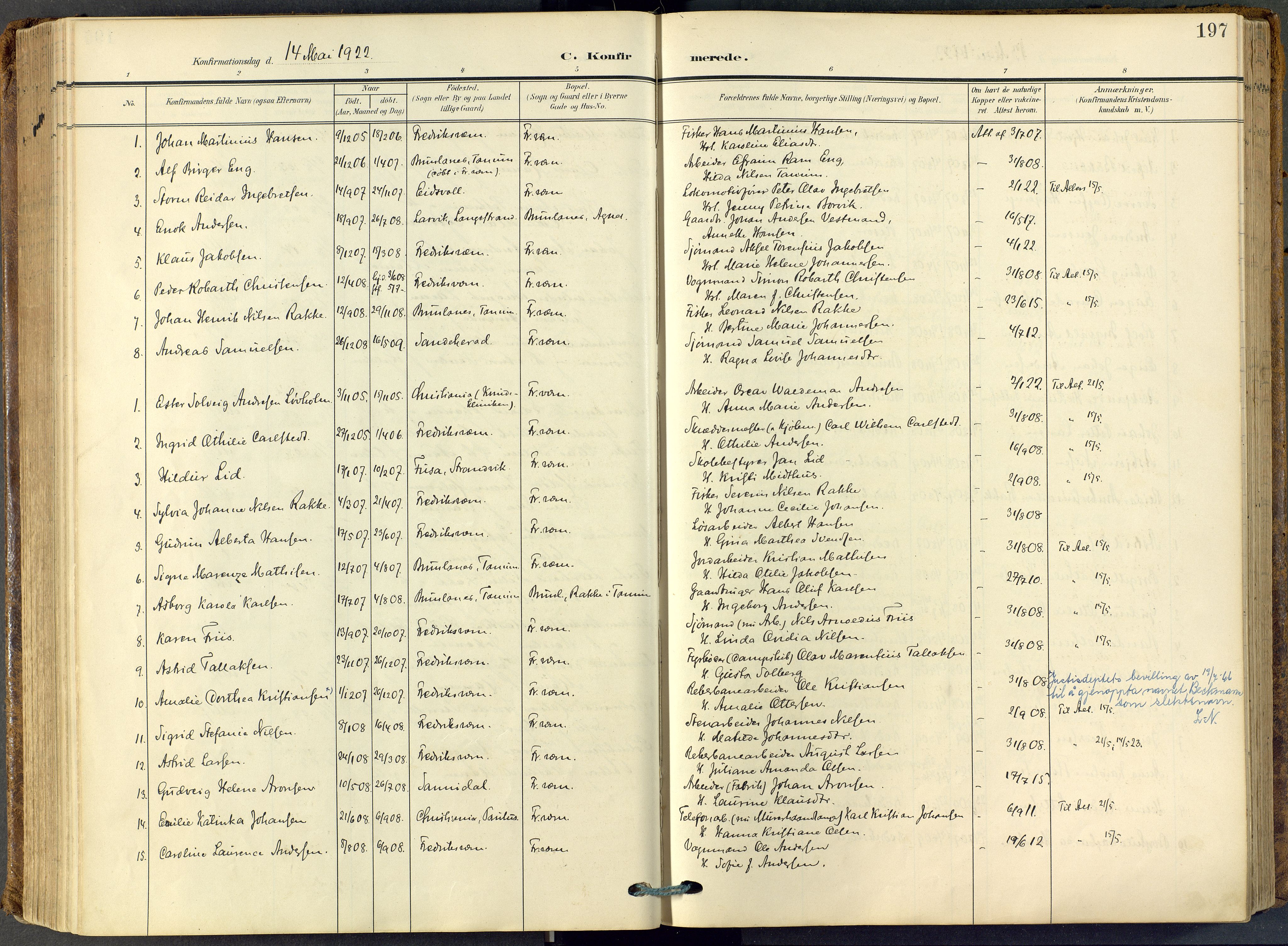 Stavern kirkebøker, SAKO/A-318/F/Fa/L0009: Parish register (official) no. 9, 1906-1955, p. 197