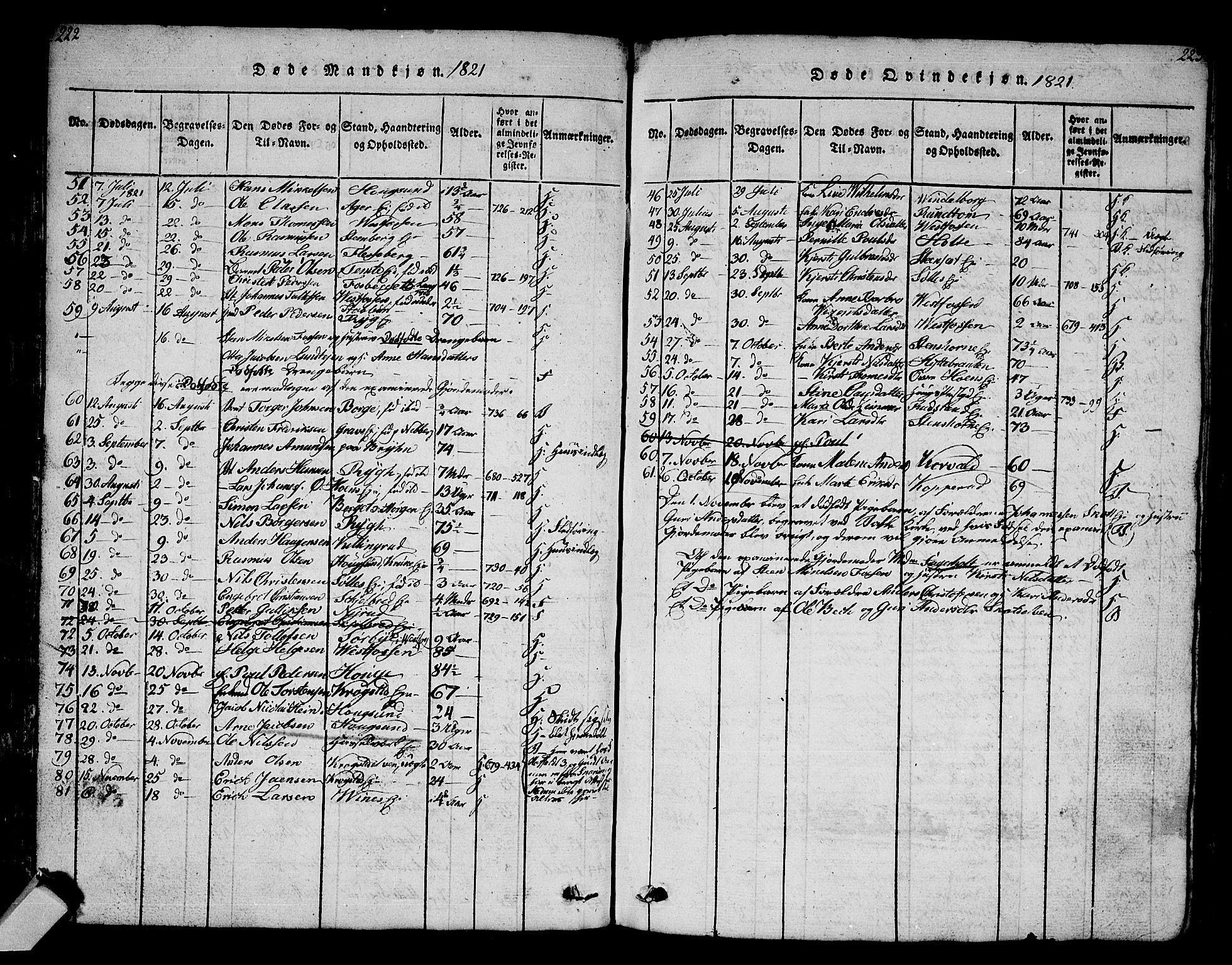 Eiker kirkebøker, AV/SAKO-A-4/G/Ga/L0001: Parish register (copy) no. I 1, 1814-1832, p. 222-223