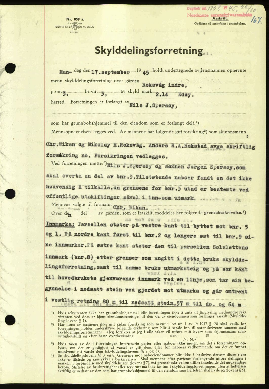 Nordmøre sorenskriveri, AV/SAT-A-4132/1/2/2Ca: Mortgage book no. A100a, 1945-1945, Diary no: : 1328/1945