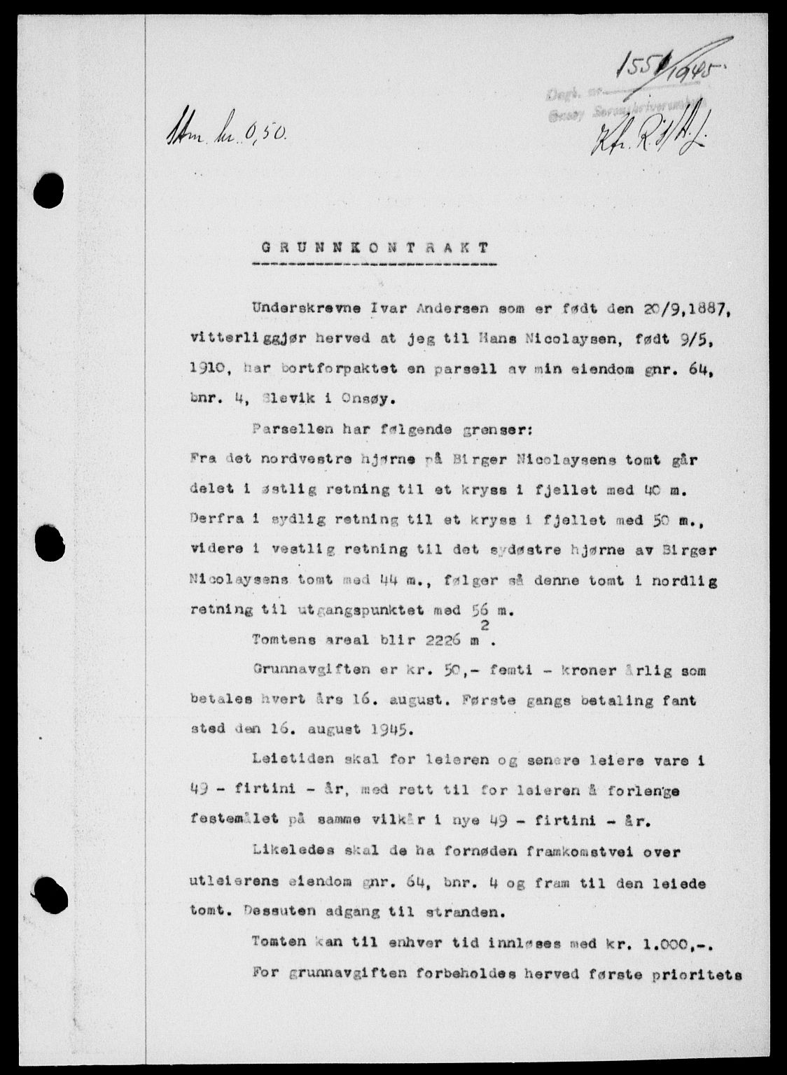 Onsøy sorenskriveri, SAO/A-10474/G/Ga/Gab/L0015: Mortgage book no. II A-15, 1945-1946, Diary no: : 1551/1945