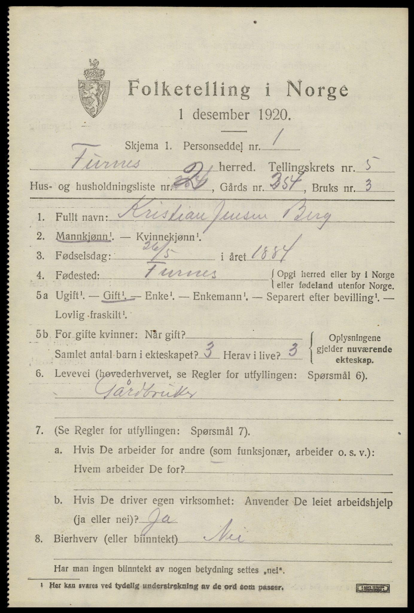 SAH, 1920 census for Furnes, 1920, p. 7105