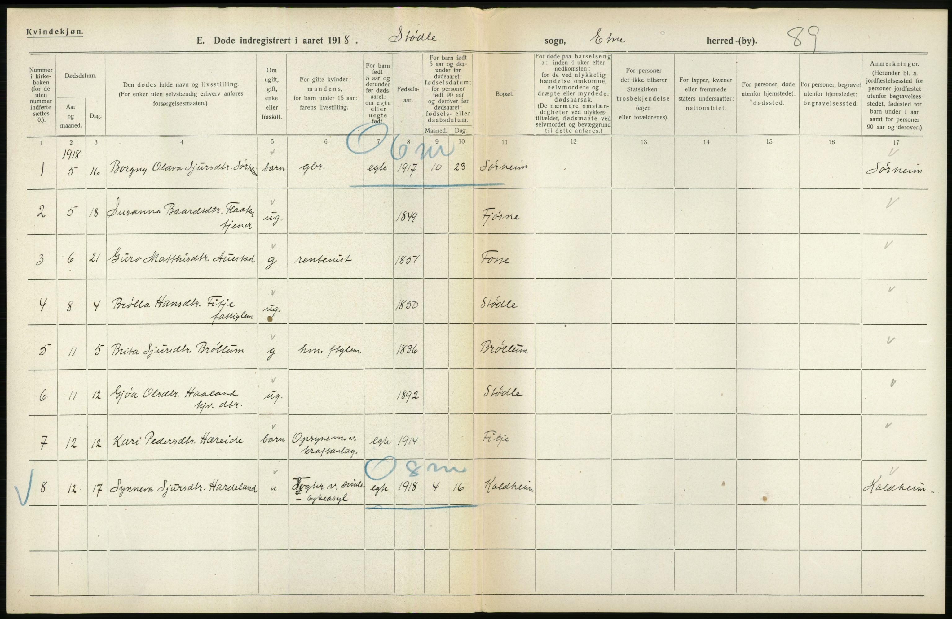 Statistisk sentralbyrå, Sosiodemografiske emner, Befolkning, RA/S-2228/D/Df/Dfb/Dfbh/L0036: Hordaland fylke: Døde., 1918, p. 362