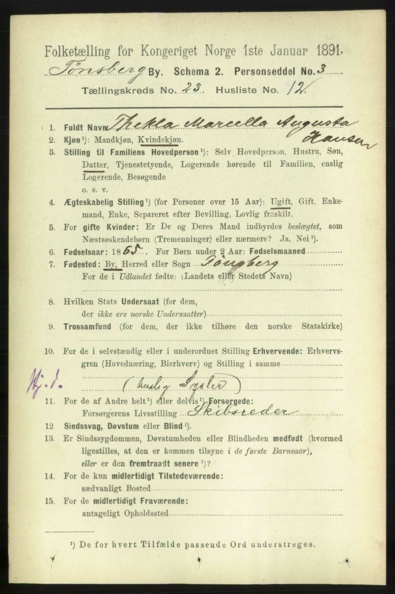 RA, 1891 census for 0705 Tønsberg, 1891, p. 6268