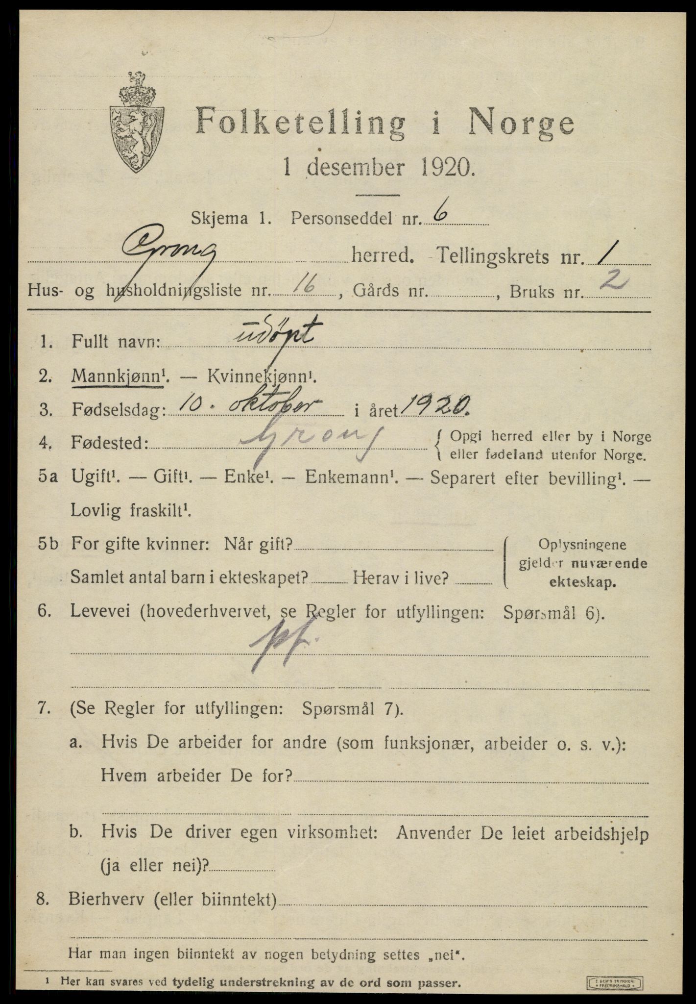 SAT, 1920 census for Grong, 1920, p. 1235