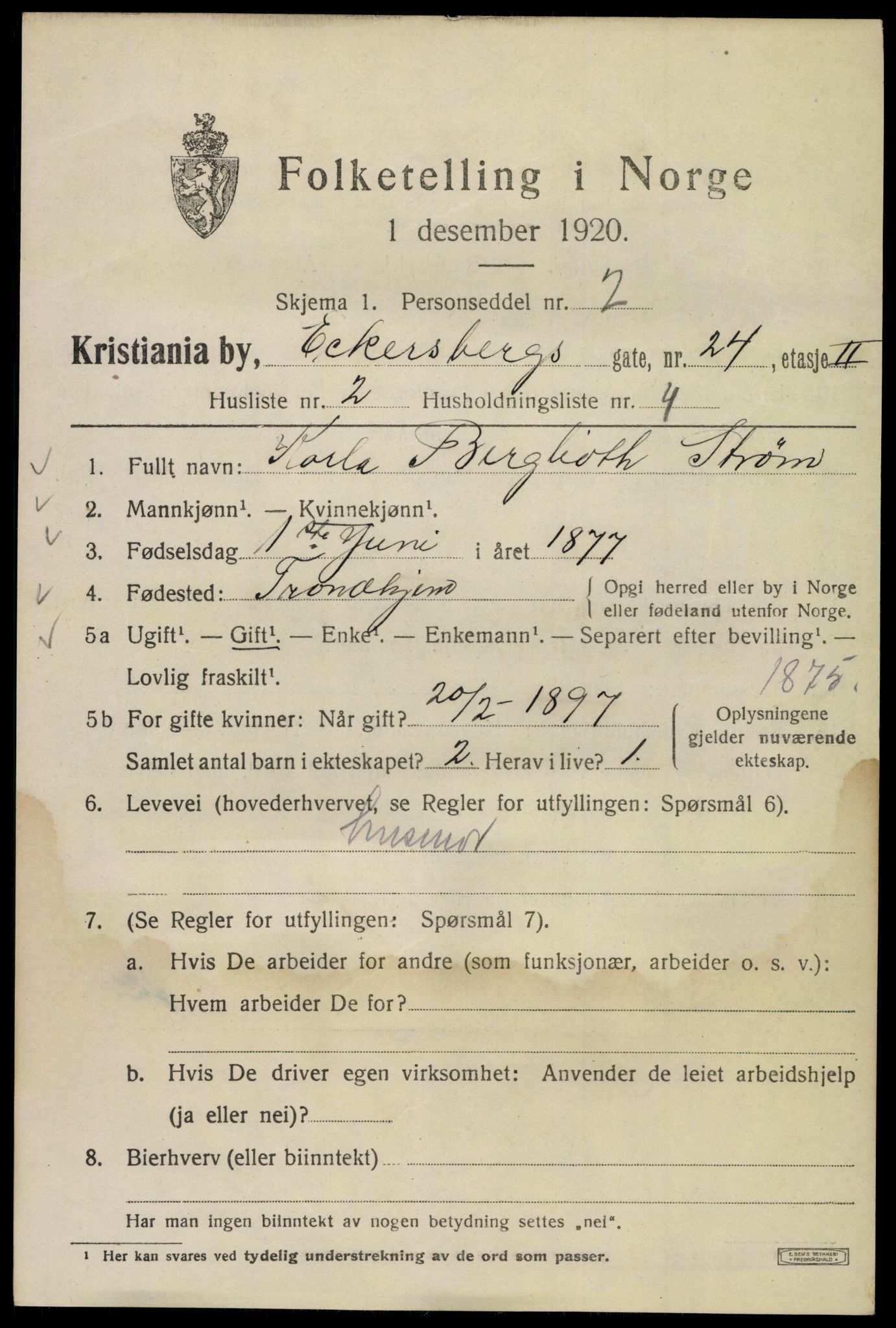 SAO, 1920 census for Kristiania, 1920, p. 208457